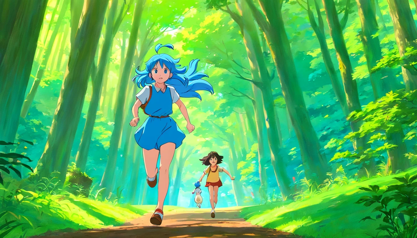 Girl with blue hair(blue color eyes)Run in the forest