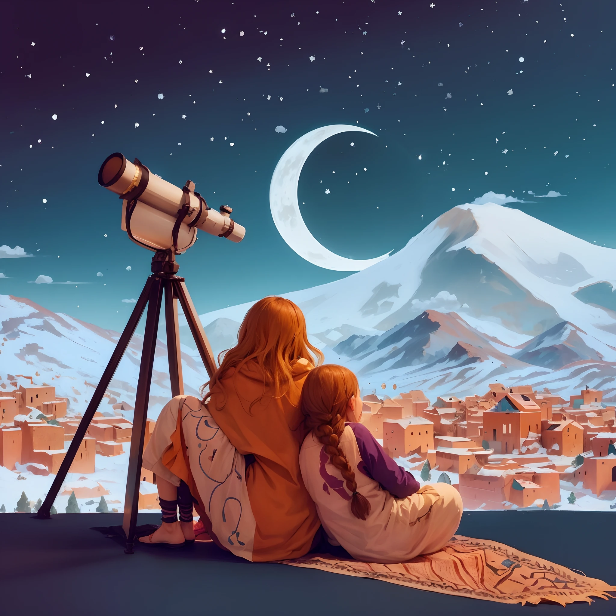 A girl and her daughter sitting on her leg, mountain tune, looking towards the Moroccan village, next to them is a telescope, the moon has a cloud on it, and snow is above the mountains.