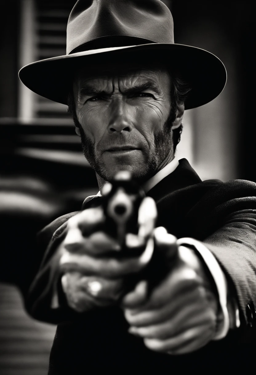 Clint Eastwood idoso, com um fedora e um sobretudo preto, Pointing the revolver at the camera, camera low, Bottom view, clint com olhar de raiva, traje social