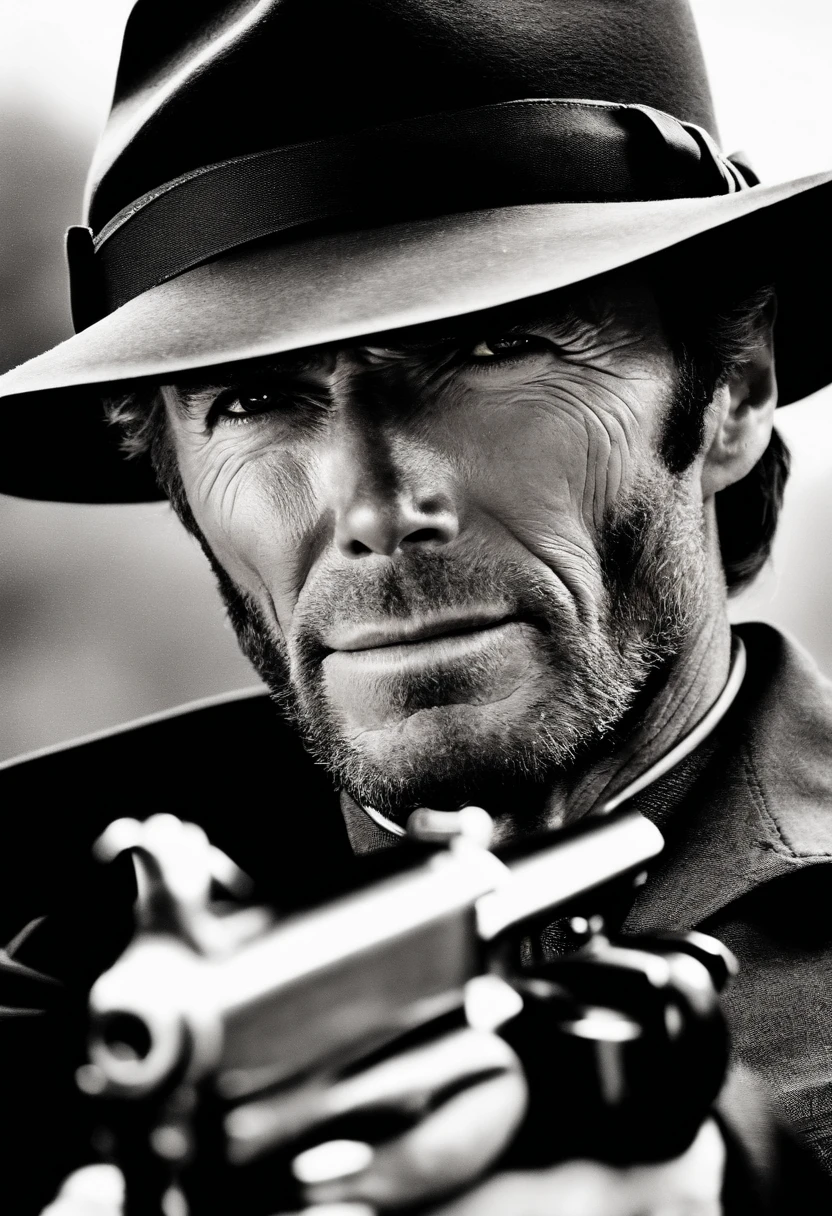 Clint Eastwood idoso, com um fedora e um sobretudo preto, Pointing the revolver at the camera, camera low, Bottom view, clint com olhar de raiva, traje social