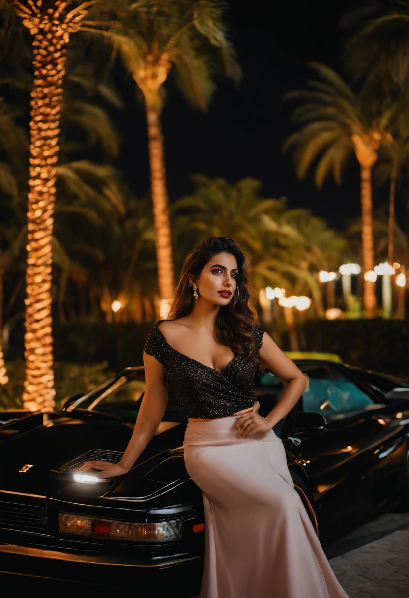 A young Turkish girl at Miami ,retro vibes along with a Ferrari testarossa , enjoying nightscape , near palm trees , wearing khadi brand  black saree , Mehwish Hayat