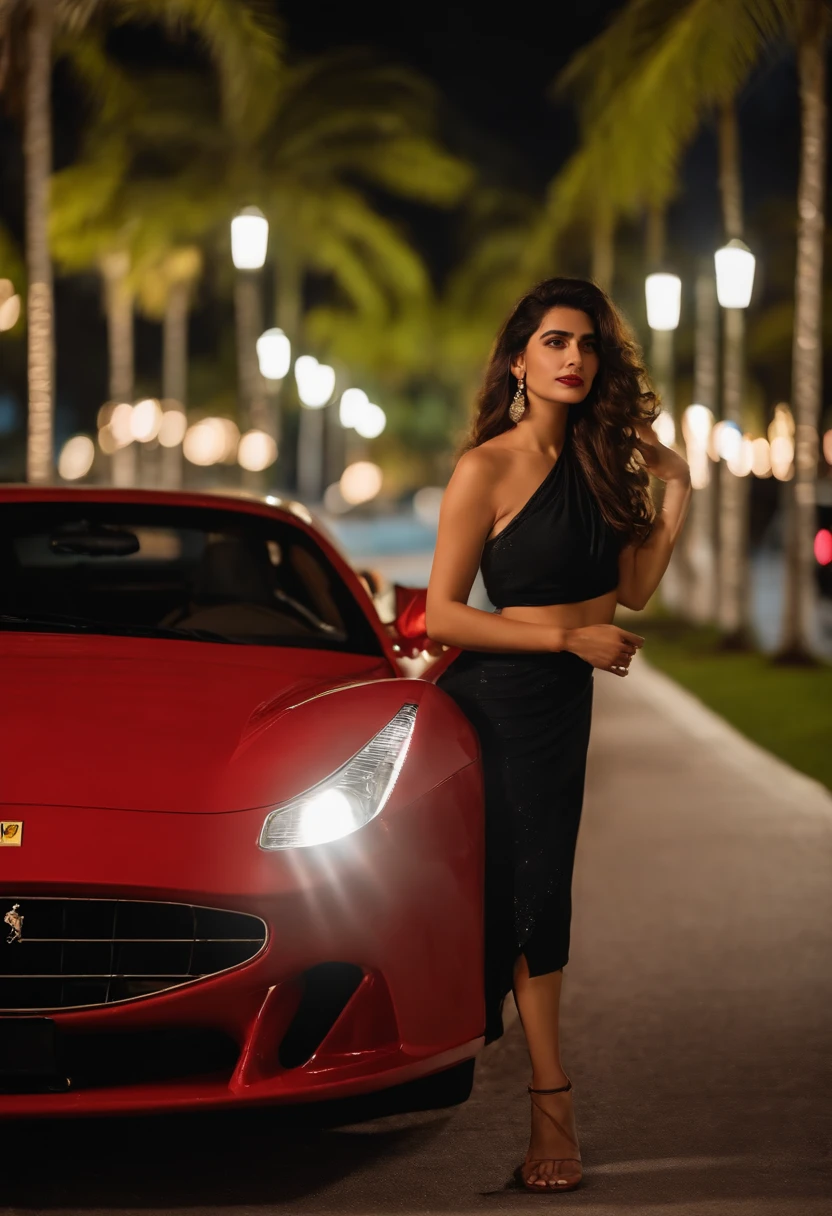 A young Turkish girl at Miami ,retro vibes along with a Ferrari testarossa , enjoying nightscape , near palm trees , wearing khadi brand black saree , Mehwish Hayat