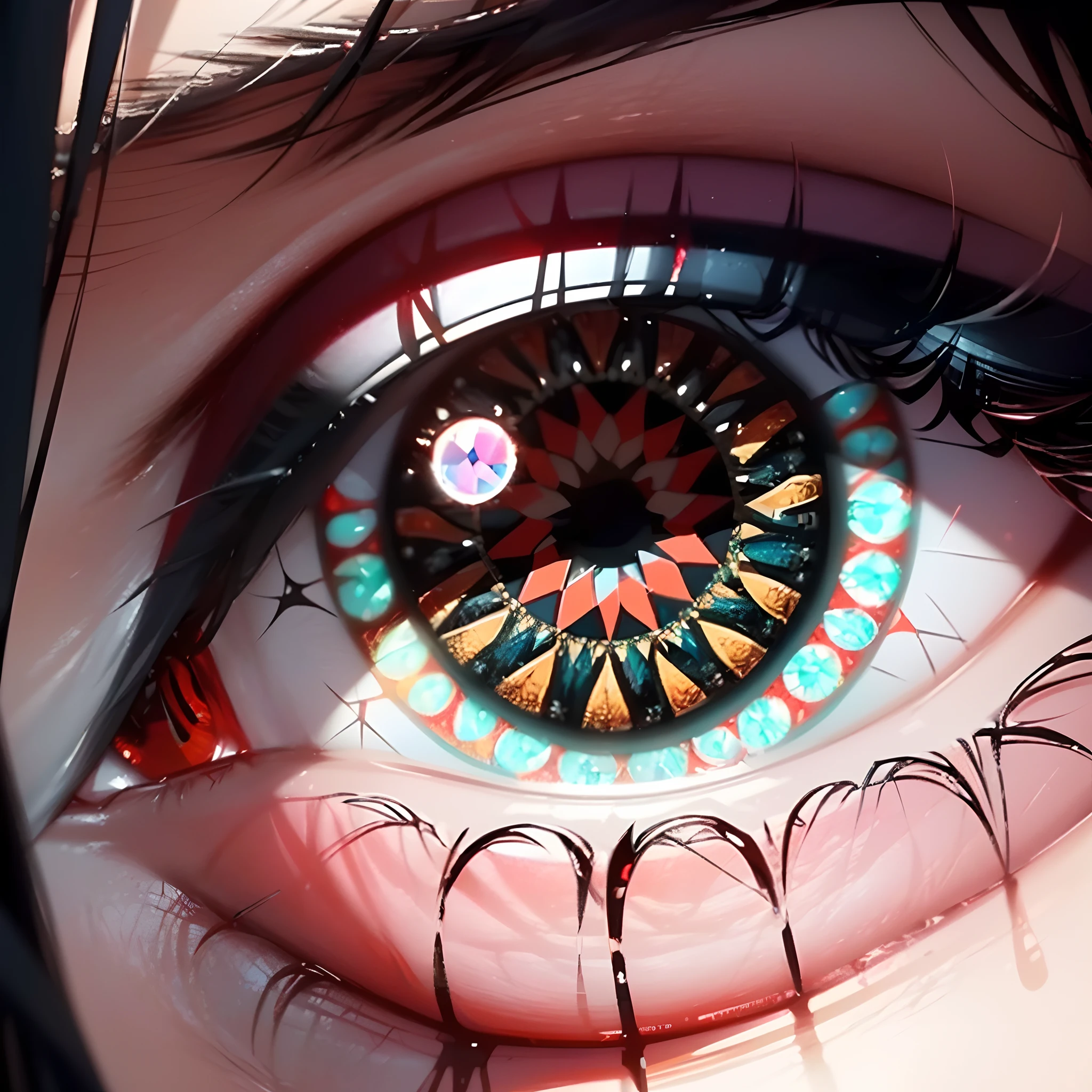 tmasterpiece，best qualtiy，highest  quality，ultra - detailed，Best resolution，8K，CG，illustration，realisticlying，(close look:1.1，red pupils:1.3，Simple pupil with a black kaleidoscope pattern:1.2)