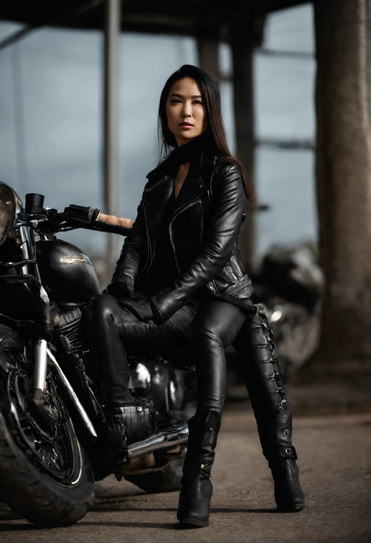 Black leather gloves Black leather riders jacket Black Leather Skinny Pants Black leather long boots Black Hair Ponytail Young Japan