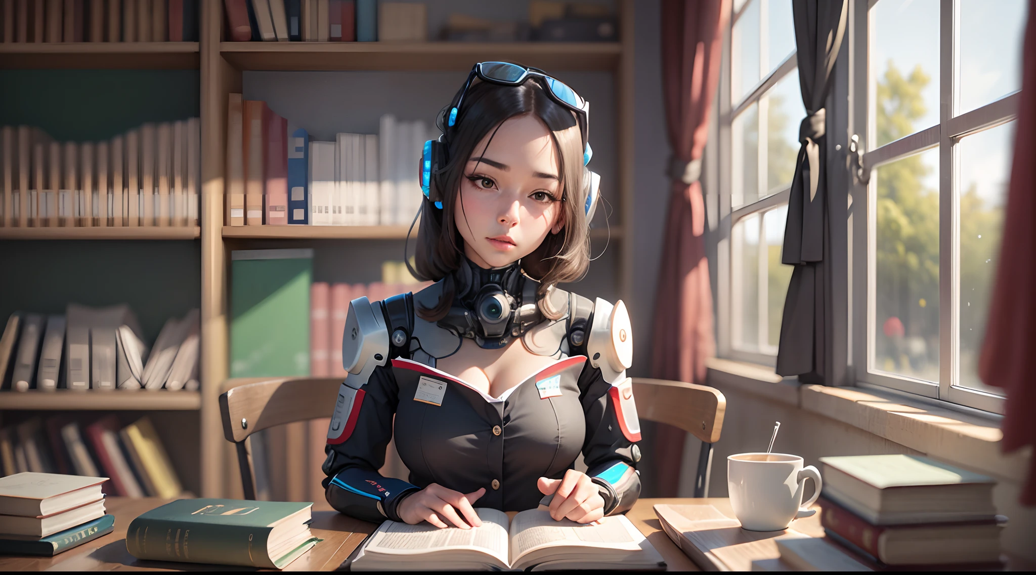 a woman robot reading a book in the classroom --auto --s2