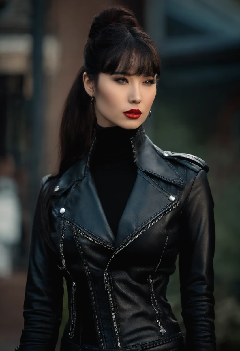 Black leather gloves　Black leather riders jacket　Black Leather Skinny Pants　Black leather long boots　Black Hair Ponytail　Young Japan　Black leather neck corset
