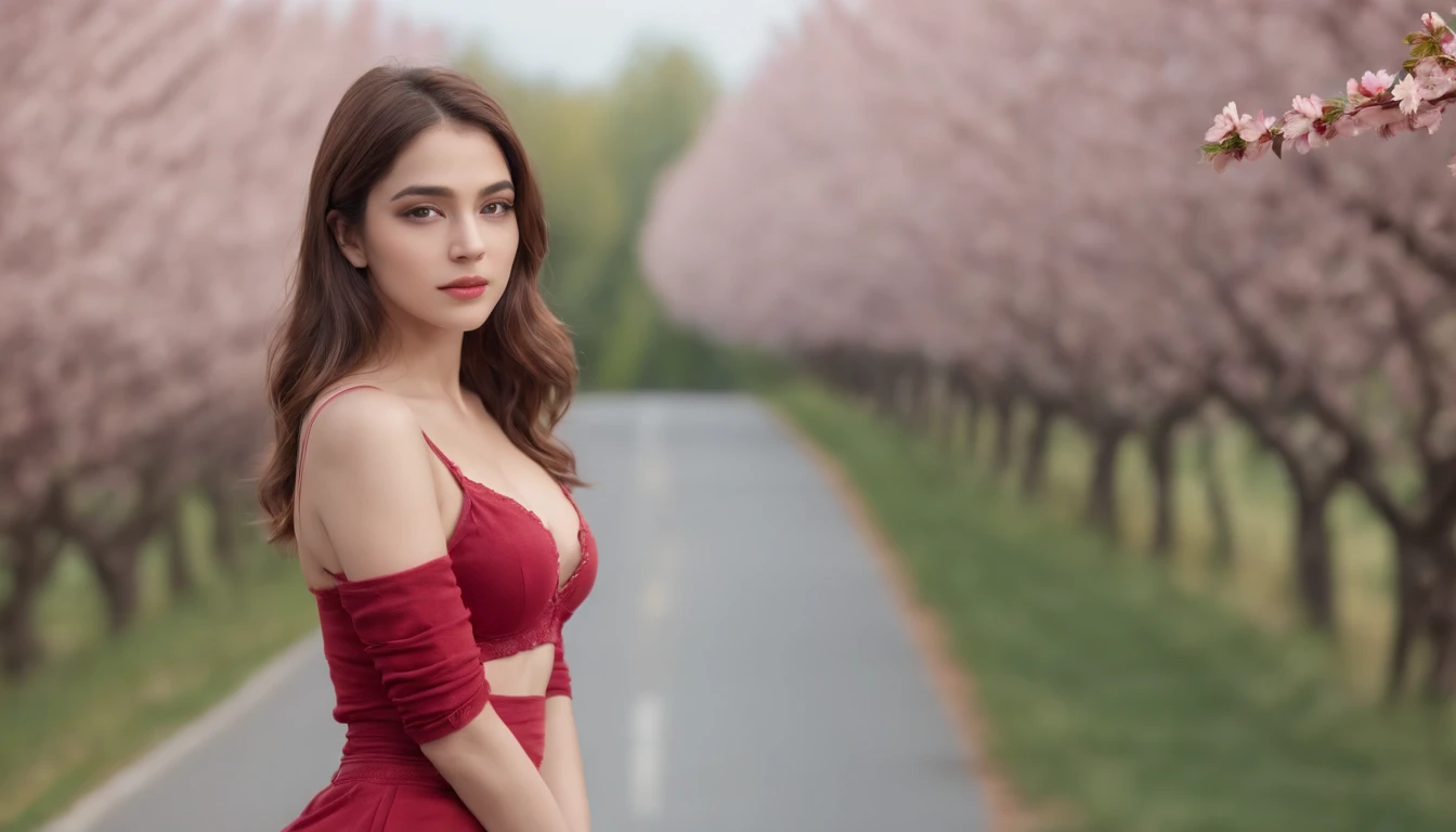 masterpiece, best quality, ultra-detailed, illustration, wide angle, indian girl red bra stand in the middle of road, solo, road in the middle and pink cherry trees on roadside, full body, 20 yo, brown hair, sweater, short skirt, fashion,, composition, balance, harmony, rhythm, color, light, shadow, reflection, refraction, tone, contrast, foreground, middle ground, background, naturalistic, figurative, representational.