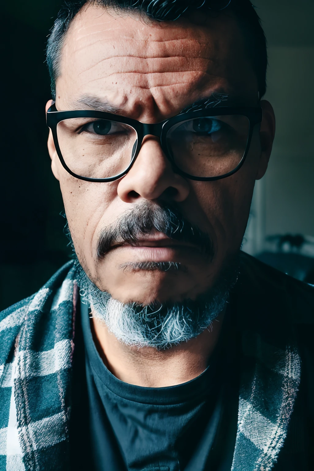 guttonerdvision10, "Capture a striking low-key photography-style portrait of a man wearing glasses and a checkered shirt. Create a dramatic atmosphere with strong contrasts between light and shadow. Highlight the intricate details of his face and clothing. Ensure that the composition emphasizes the mood and character of the subject. Employ subtle and controlled lighting to achieve the desired effect."