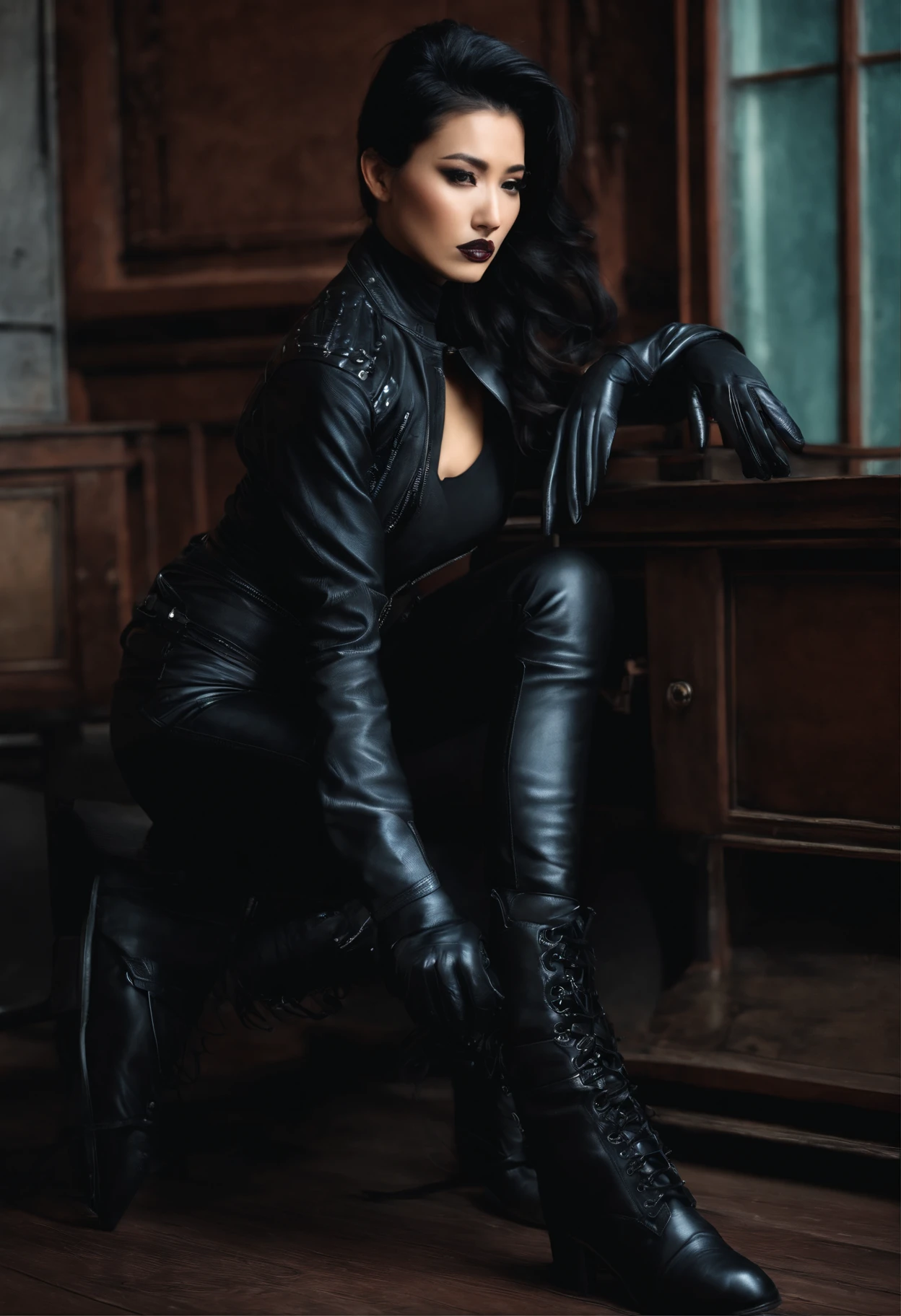 Black leather gloves Black leather riders jacket Black Leather Skinny Pants Black leather long boots Black Hair Ponytail Young Japan Black leather neck corset