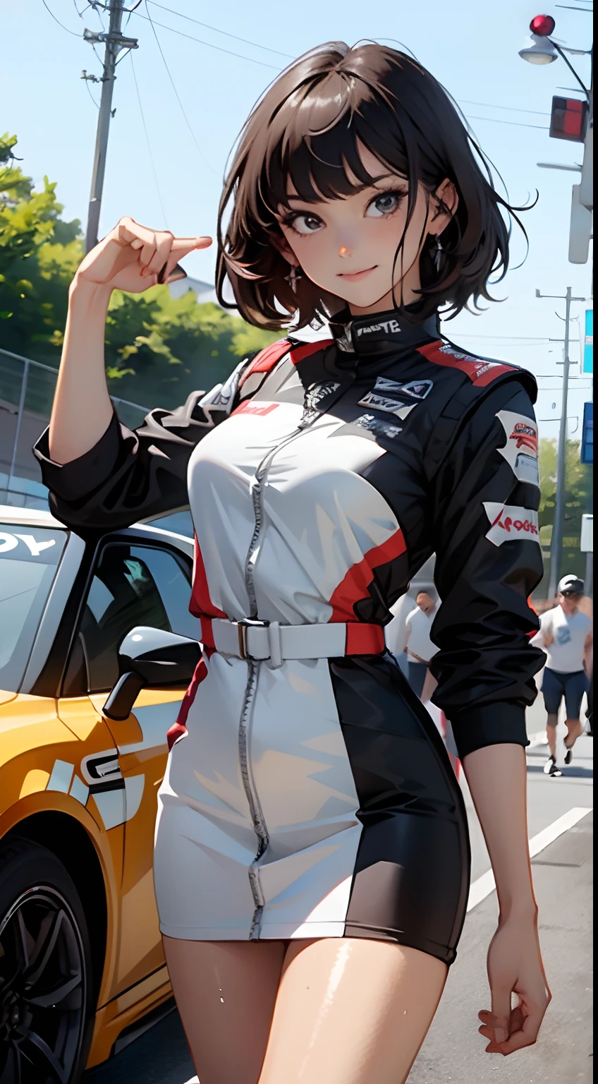 1girl in、((top-quality)), ((​masterpiece)), 、A smile、 Pitch Resuit、knee high、Naughty face、 knee high、Adult Woman、 short-cut、One Piece Checkered Mini Skirt、Dress Lift、l、Race Queen、A slender、 , masterpaintings, best qualtiy, Photorealsitic, ultra-detailliert, (shiny skins, perspired:1.4), Look at the crowd, Gray in short, Brown-eyed,slender,dynamic light and shadow,hight resolution,depth of view,The eyes are delicate,Sharp pupils,A slender、(thick thight),outside of house,Skysky、Grid Girl, underboob, Wear the grid_Girl costume printed with sponsor's logo, (Stand in a motorsport race)+,, left hand on waist