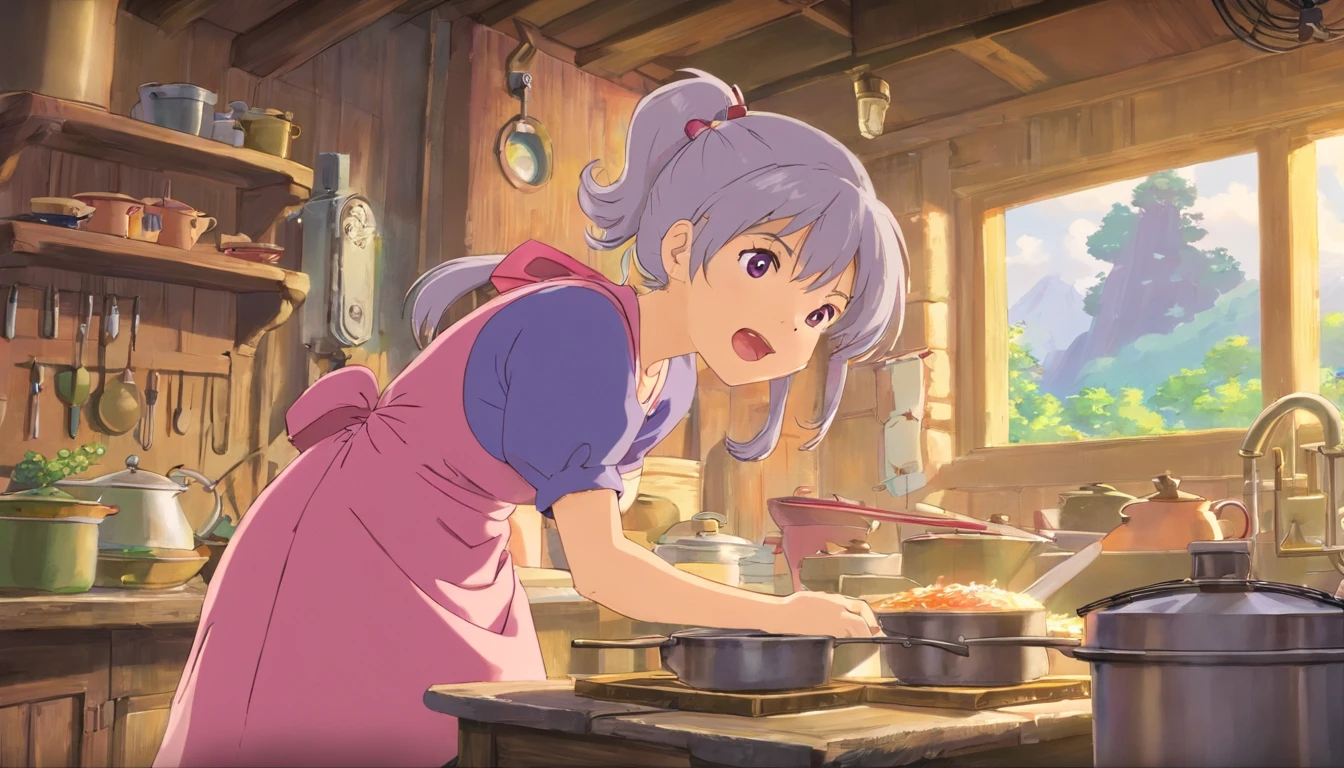 A big-breasted girl is singing(Silvery hair,Wear a purple apron)There are a lot of piglets around(in pink)