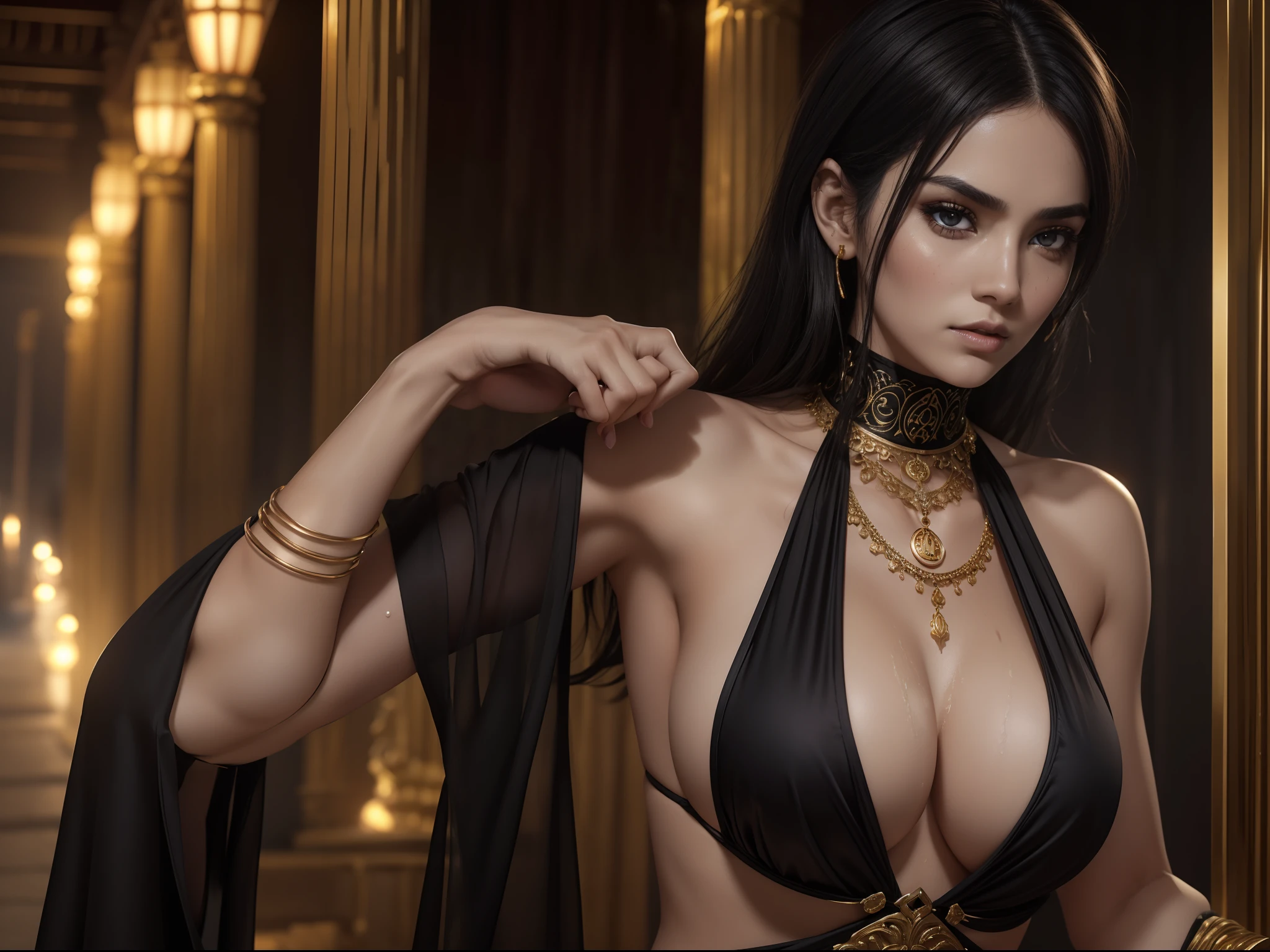 (A beautiful 25 years old female greek maiden), (short wolfcut black hair), (pale skin), (busty cup size:1.2), (athletic body build:1.4), (detailed oily and sweaty appearance:1.2), (serious face), (wearing black colored revealing bikini outfit with silk cloth and golden jeweleries), (dimly lit temple at night), view from front, waist up shot, sexy pose, ambient lighting, photo realism, intricate face detail, intricate hand details, highly detailed, vibrant colors, picture taken with Sony A7RIV, with Sony 16-35mm f/4 lenses, cinematic, high definition, trending on Artstation--style raw