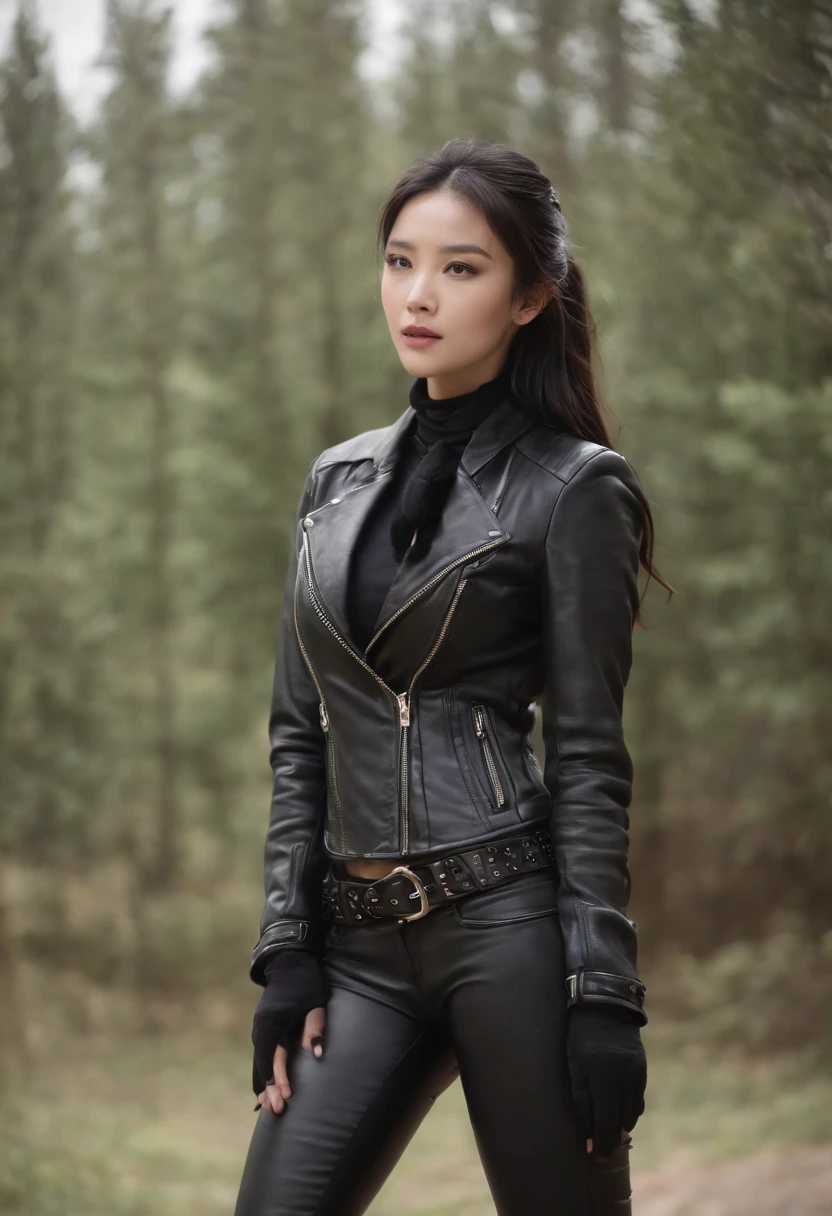 Black leather gloves　Black leather riders jacket　Black Leather Skinny Pants　Black leather long boots　Black Hair Ponytail　Young Japan　Black leather neck corset