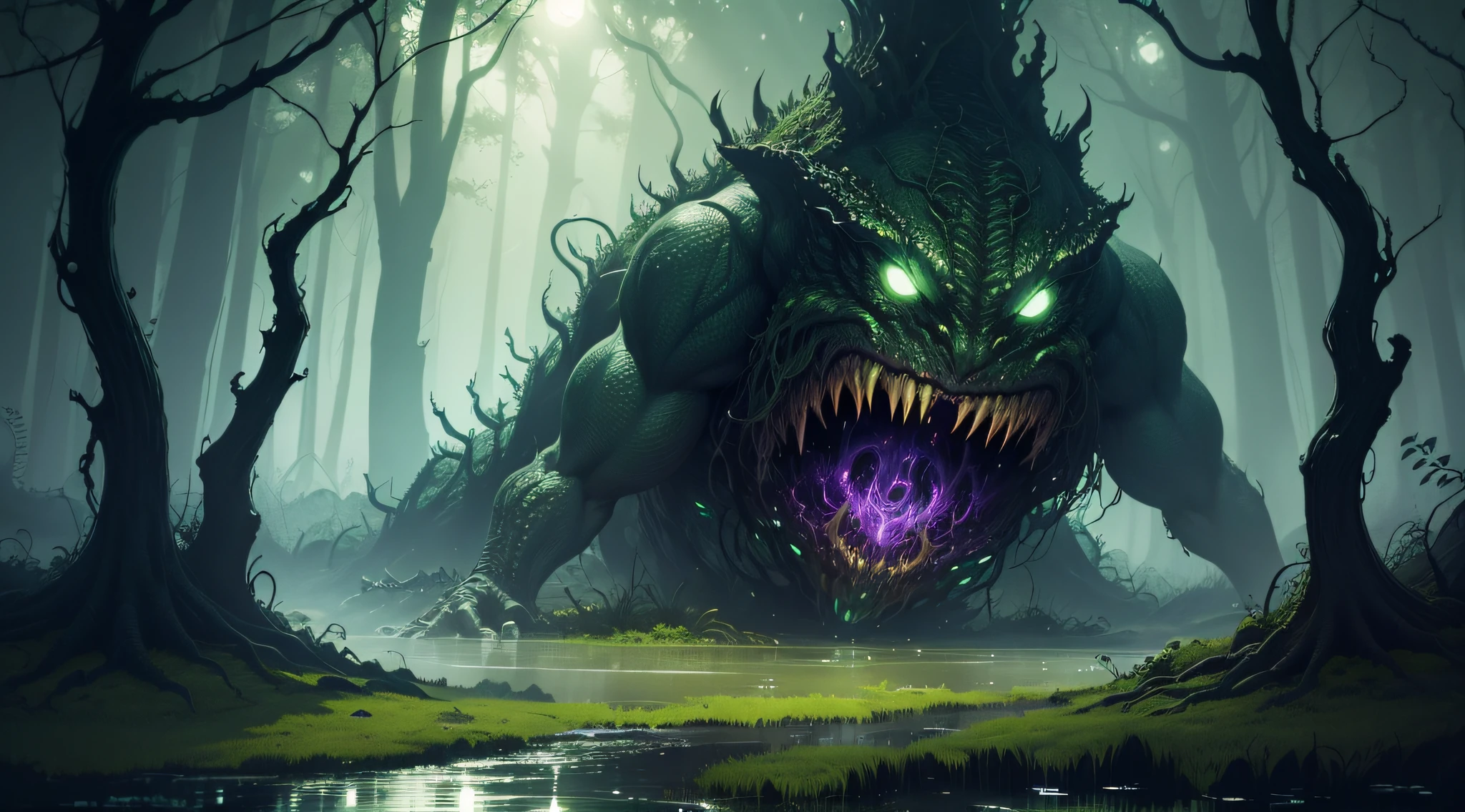dark swamp eldritch monster rising out of the water moss slime vines tentacles fireflies midnight moonlight backlight (masterpiece:1.2) (illustration:1.2) (best quality) (detailed) (intricate) (8k) (HDR) (wallpaper) (cinematic lighting) (sharp focus)