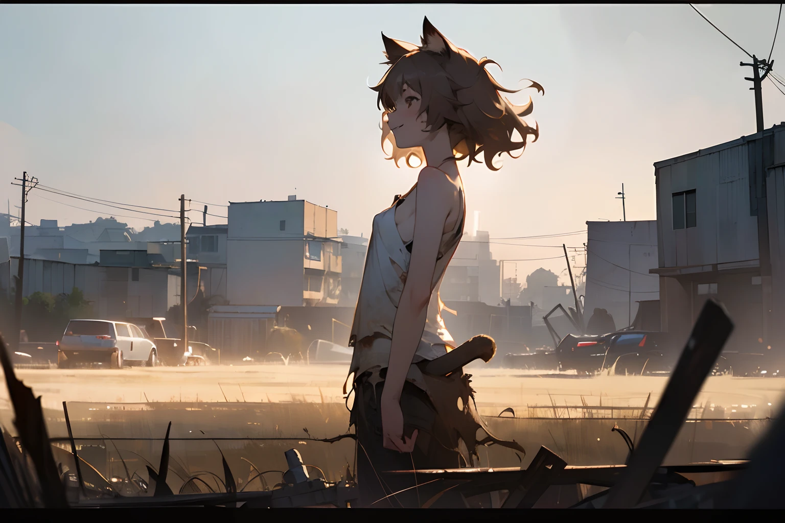 ((Masterpiece)), 8K, from side, wide-shot, cinematic lighting, very messy hair, (exposed breast, badly tattered and torn dirty white-camisole, Slender small breasts, Cheerful smile), slum square, (walking on street), Textured skin, cat ears, pale brown hair, Cute Beautiful girl