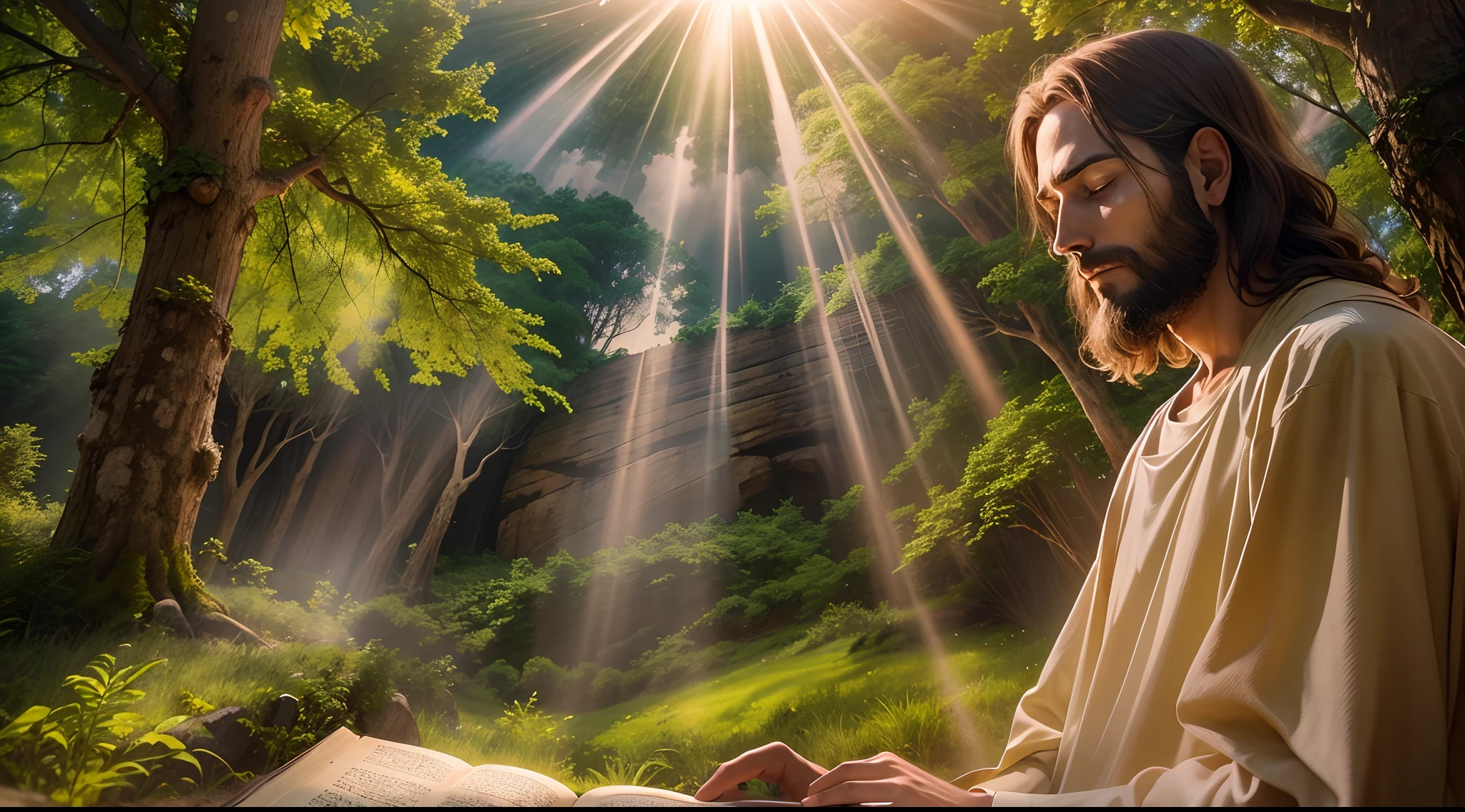 Closeup of Jesus Christ in prayer captured at a central angle with a DSLR camera and a wide-angle lens, velas, orando, Biblical setting, Biblical paradise, jesus, ultra hd, realista, realistic, jesus cristo olhando para as escrituras sagradas, Paradisiacal scenery, Jesus praying over an ancient holy biblical book, Background setting of paradise depicted in the Bible, with the sun shining behind the trees and creating a flare effect. A foto tem uma profundidade de campo rasa, um ISO baixo e uma velocidade do obturador alta para congelar o movimento