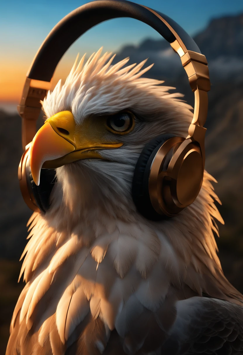 DJ eagle, headphone, anthro, lightwave, sunset, intricate, highly detailed (best quality,4k,8k,highres,masterpiece:1.2),ultra-detailed,(realistic,photorealistic,photo-realistic:1.37), vibrant colors, dynamic lighting