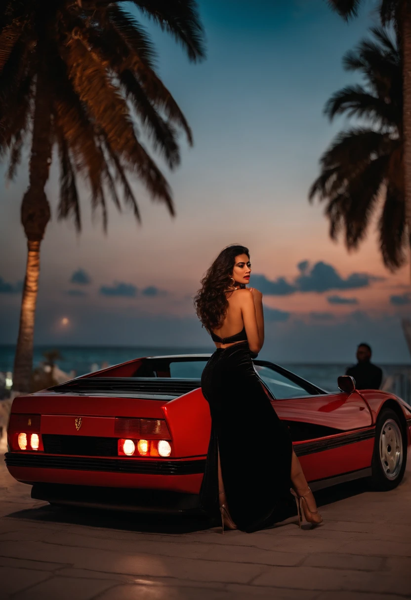 A young Turkish girl with italian man  at Miami ,retro vibes along with a Ferrari testarossa , enjoying nightscape , near palm trees , wearing khadi brand black saree , Mehwish Hayat