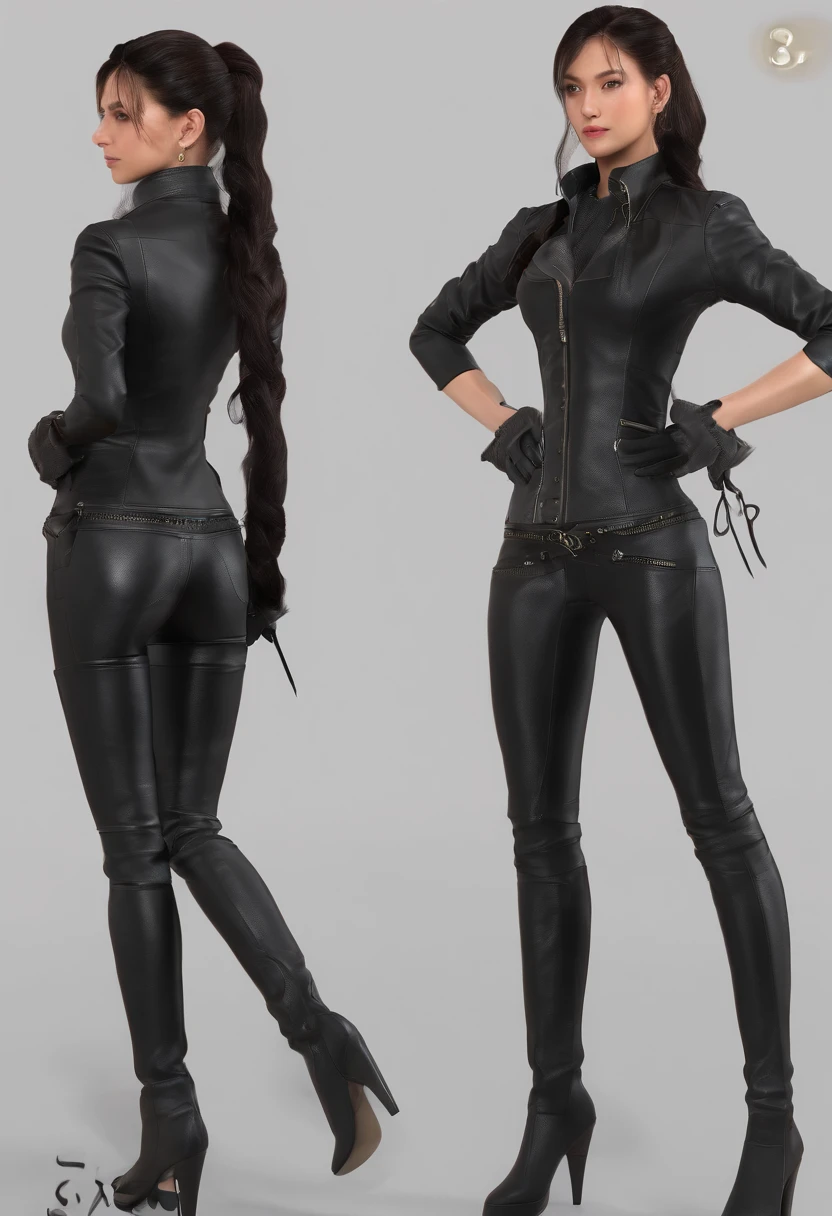 Black leather gloves　Black leather riders jacket　Black Leather Skinny Pants　Black leather long boots　Black Hair Ponytail　Young Japan　Black leather neck corset