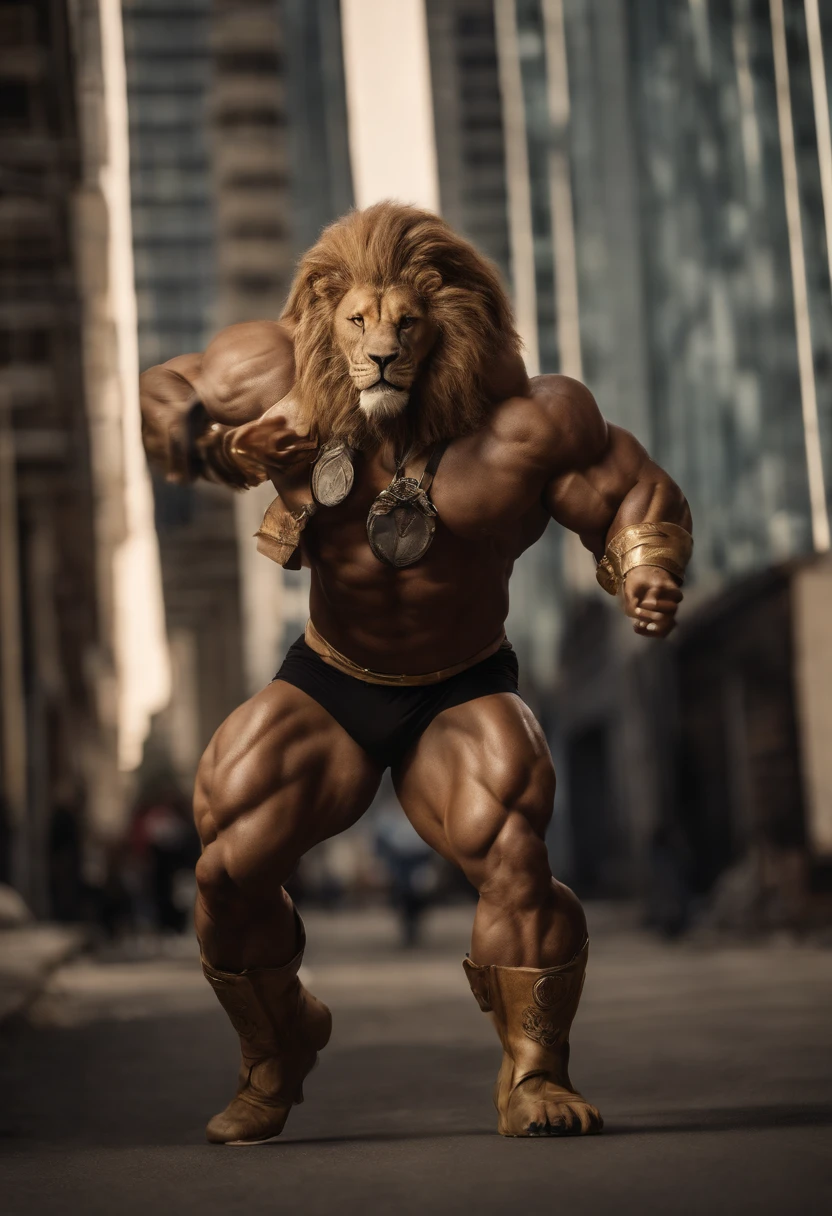 ((foto RAW)), ((obra maestra)), Anthropomorphic humanoid lion bodybuilder, camisa, abrigo y pantalones, Caminando entre la gente, Detalles intrincados, piezas intrincadas Greebles, 12k, City behind, brazos musculosos, cola, Small head, Trapecio gigante, Ogro monstruoso, Titan, Soft lighting