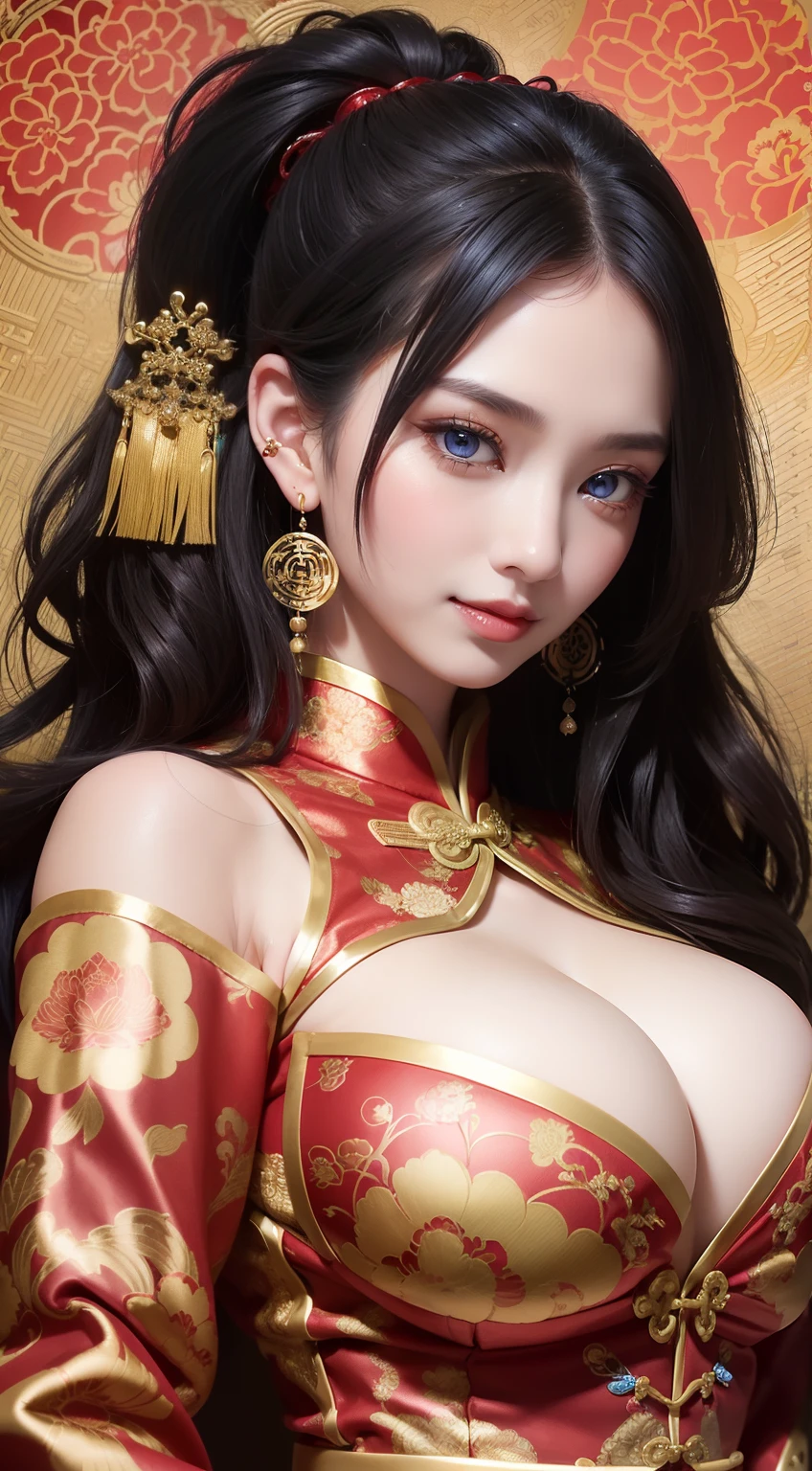 Beautiful woman((25-years old)), hair((Black, long, Wavy)), chinese clothes、Blue eyes, Clothes((Brocade, Floral, Red, Red)), Accessories ((earrings)), Ponytail, huge-breasted, huge tit, Smiling, A city scape,Chinese New Year,