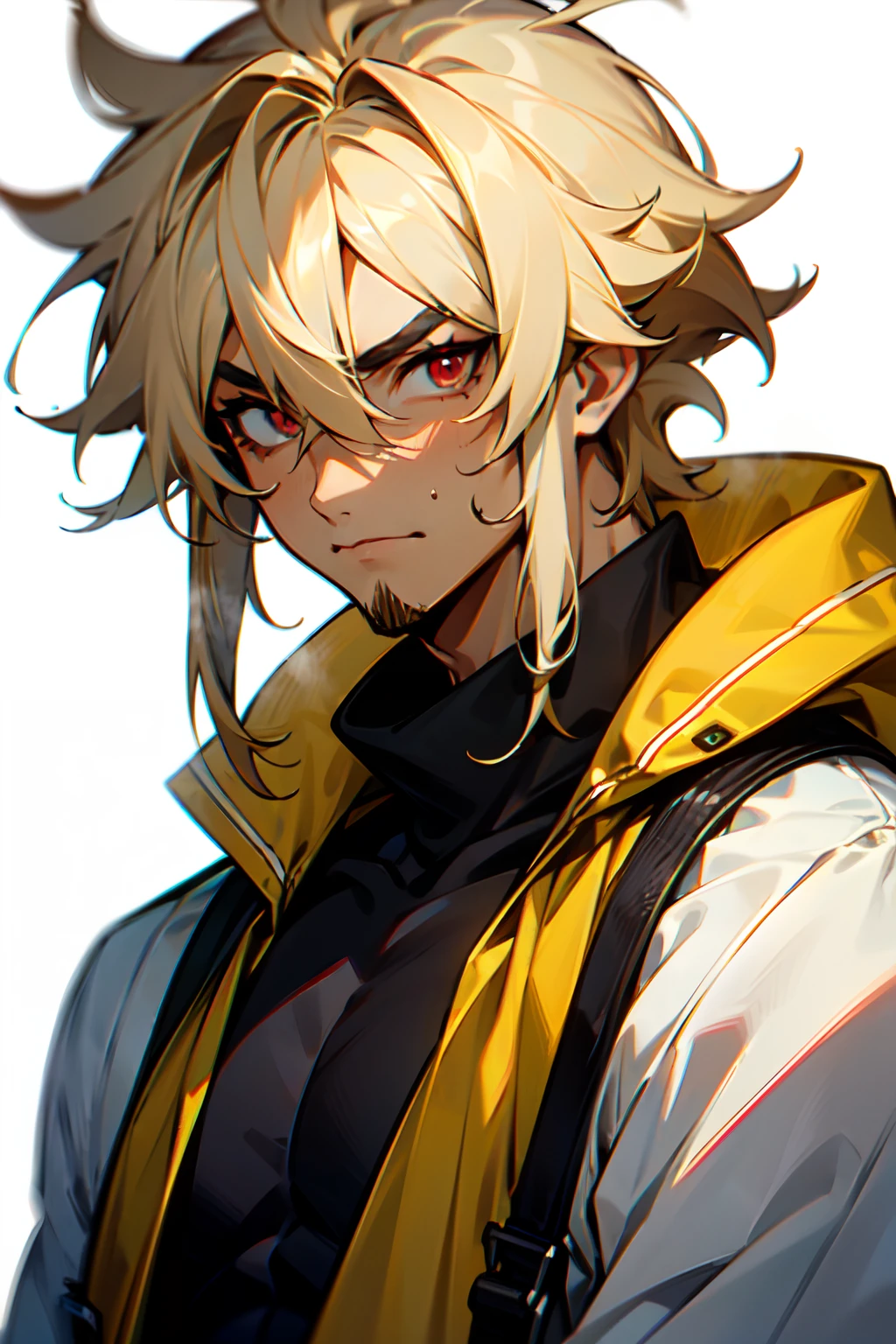 closeup, 1boy, mature male, male focus, muscular, (dark-skin), messy hair, hair over shoulder, long hair, pale blonde hair, AND ((blonde eyebrows)), (hair between eyes), (red eyes), ((sparse stubble)), (bags under eyes), white background