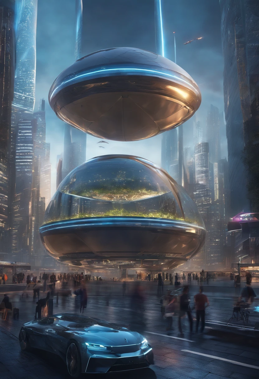 (highres,best quality,ultra-detailed,realistic:1.37),futuristic cityscape,neon lights,reflective surfaces,glass skyscrapers,hovering vehicles,flying drones,crowded streets,glowing advertisements,cyberpunk atmosphere,technological advancements,colorful holograms,city in motion,blurry motion trails,dark alleyways,shadows and reflections,high-tech gadgets,bustling city life,sleek architecture,impressive skyline,nighttime scenery,impressive lighting effects,advanced transportation systems,robotic companions,artificial intelligence integration,modern urban living,cybernetic enhancements,smart devices,meticulously designed city infrastructure,ambient sounds of the city,colossal digital screens,energy-efficient buildings,advanced urban planning,attractive city dwellers,metropolis of the future,seamless blend of nature and technology