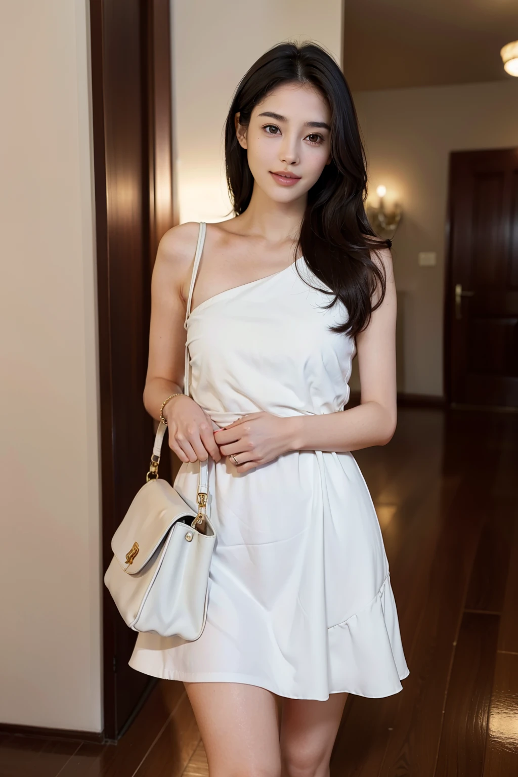 This woman's skin is radiant and smooth, have a light tan, as if reflecting the elegant touch of the sun. Big eyes, It stands out for its almond-shaped and vivid brown color. Kirpikleri uzun ve koyu, eyelids slightly shaded. Eyebrows in the form of a smooth and elegant arc.
Her hair is dark brown and long. The strands of hair are shiny and silky, have a slightly wavy structure. Her hair is at shoulder level and falls into her hair with a slight natural shine.
Facial features are subtle and elegant. His nose is smooth and his forehead is wide.. Her lips are plump and in a natural shade of pink. When he smiles, a pleasant smile appears on his face.
His height is slightly above average, and his body type is lean and graceful. Shoulders slightly rounded, the waist is thin and the legs are long. The dress she wears, gently emphasizes the contours of her body. Elbisesi mavi tonlarda ve zarif bir desene sahip, She wears matching white shoes underneath.
She uses a thin bracelet and an elegant shoulder bag as accessories. His posture is full of confidence and graceful, she reflects her confidence every step of the way.