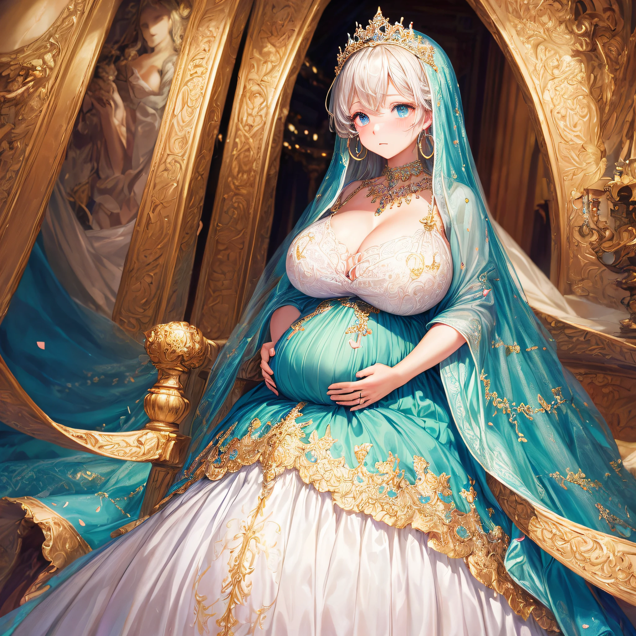 (masterpiece, best quality,extremely detailed:1.1),(moe anime art style:1.2),1girl,((full body,focus face)),((solo)), cute, kawaii,digital art,((1 bling-bling pregnant princess wearing beautiful embroidery and jeweled gorgeous rococo ballgown with jeweled voluminous full length hoop skirt)),(((heavily pregnant))),very big pregnant belly,((crinoline)),long train,voluminous frills,See-through,(gorgeous embroidery and beautiful lace),((very gigantic boobs,skindentation)),cleavage,shiny hair,(((very long straight hair,large amount of straight hair))),((embarrassed)),anguish,((finely detailed face and eyes)),clear pupil,extremely gorgeousfull hair ornament,(bling-bling jeweled extremely gorgeousfull tiara),(bling-bling gorgeous gemstone jewelry),long veil,beautiful background,fantasy background,flowers,flower petals flowing,full body,((beautiful embroidery and jeweled ruffled gorgeous rococo ballgown with voluminous full length hoop skirt))