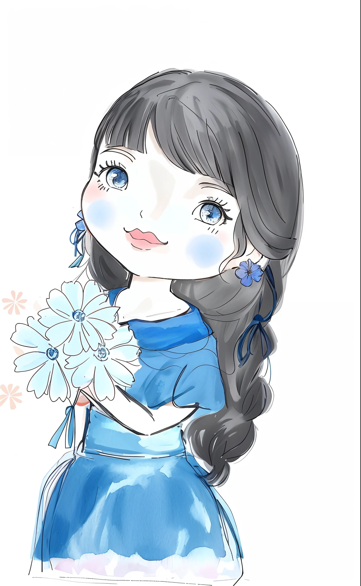a drawing of a girl with a flower in her hand, inspirado em Yuki Ogura, flores em seus cabelos escuros, com flores congeladas ao seu redor,  com um rosto de flor, com flores, [ Arte Digital ]!!, girl with a flower head, charicatura, inspirado em Takehisa Yumeji, em estilo anime