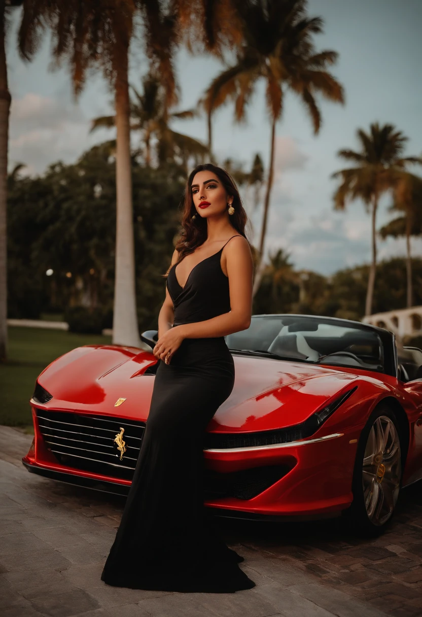 A young Turkish girl at Miami ,retro vibes along with a Ferrari testarossa , enjoying nightscape , near palm trees , wearing khadi brand saree , Mehwish Hayat