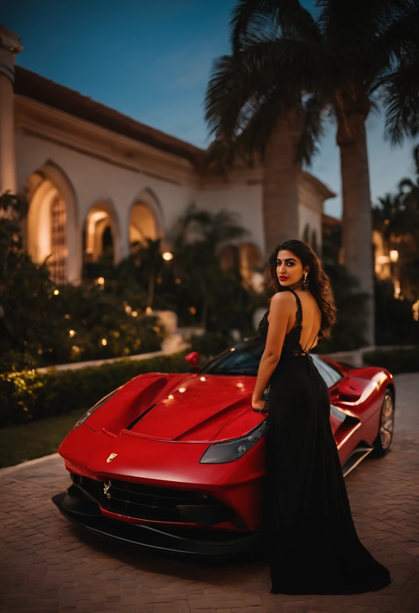 A young Turkish girl at Miami ,retro vibes along with a Ferrari testarossa at miami palace, mansion, enjoying nightscape , near palm trees , wearing khadi brand black saree , Mehwish Hayat