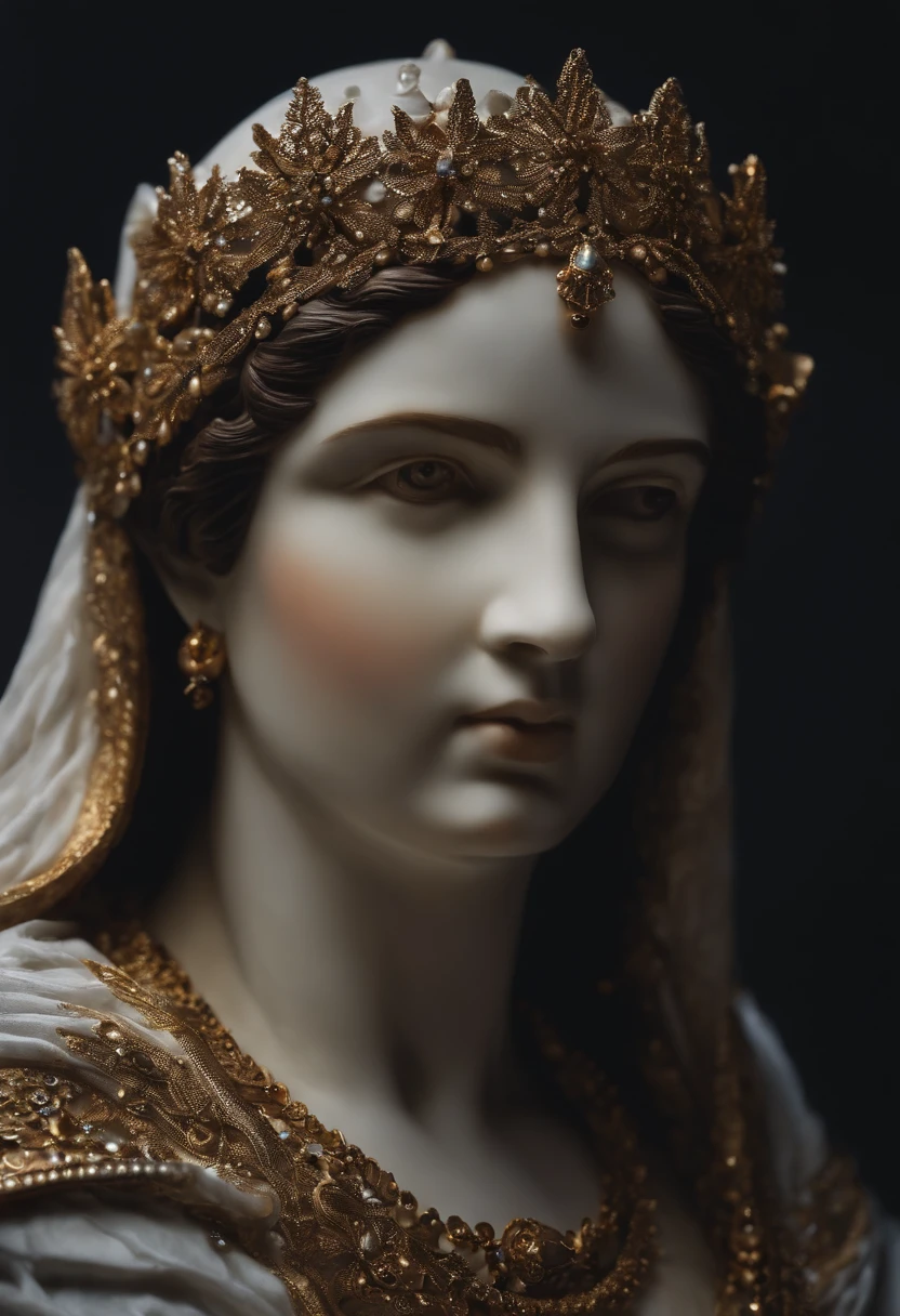 (best quality,4K,highly detailed foto full body shot),ancient Medievial-style wood statue of a woman,  like a Saint statue, gothic era, topless;  (thick) ((chubby)), soft skin, voluminous, seductive face expression, seductive smile, mesmerizing eyes, intricate headdress, delicate features, delicate carving details, smooth texture, captivating pose, elegant posture, radiant beauty, majestic presence, mystical aura, adorned with jewels and gold, regal attire, flowing robes, elaborate patterns, intricate engravings, rich color palette, warm earth tones, golden accents, soft lighting, dramatic shadows, mesmerizing gaze, enchanting atmosphere displaied in a museum