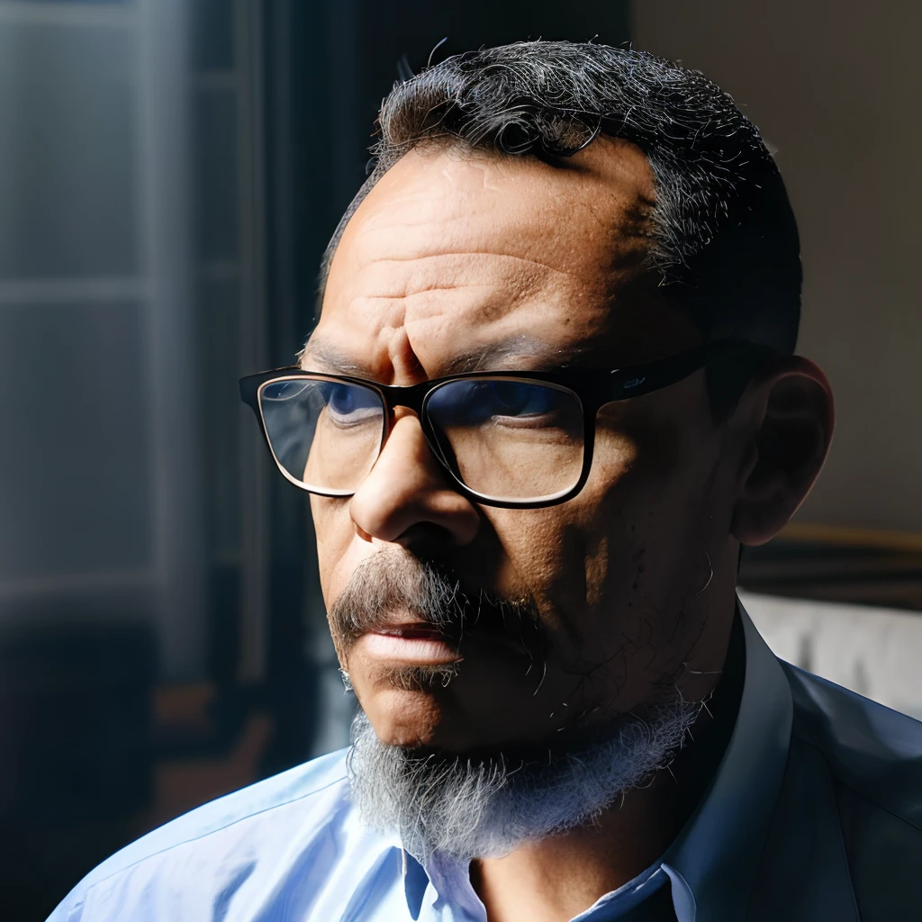 guttonerdvision10, "Capture a stunning discreet photograph-style portrait of a man wearing glasses and a checkered shirt. Create a dramatic atmosphere with strong contrasts between light and shadow. Destaque os detalhes intrincados de seu rosto e roupas. Make sure the composition emphasizes the subject's mood and character. Use subtle, controlled lighting to achieve the desired effect."