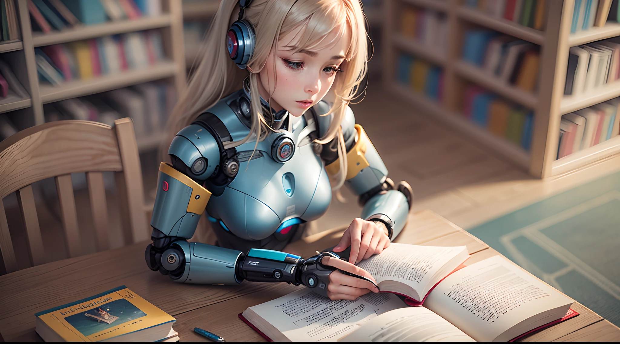 a woman robot reading a book in the classroom --auto --s2