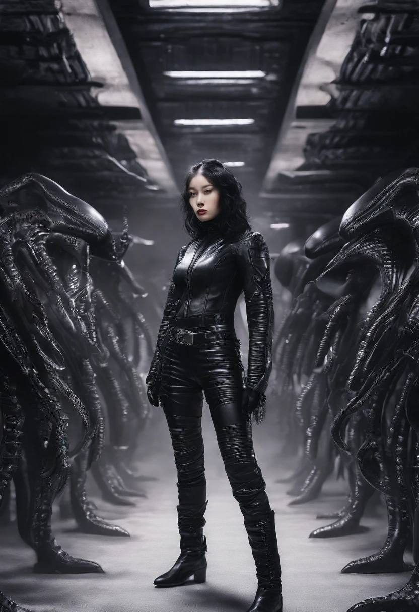 Black leather gloves Black leather riders jacket Black Leather Skinny Pants Black leather long boots Black Hair Ponytail Young Japan Black leather neck corset