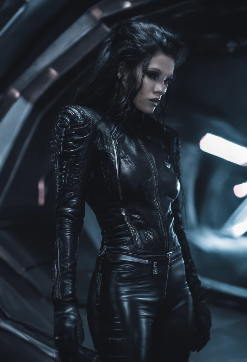 Black leather gloves Black leather riders jacket Black Leather Skinny Pants Black leather long boots Black Hair Ponytail Young Japan Black leather neck corset