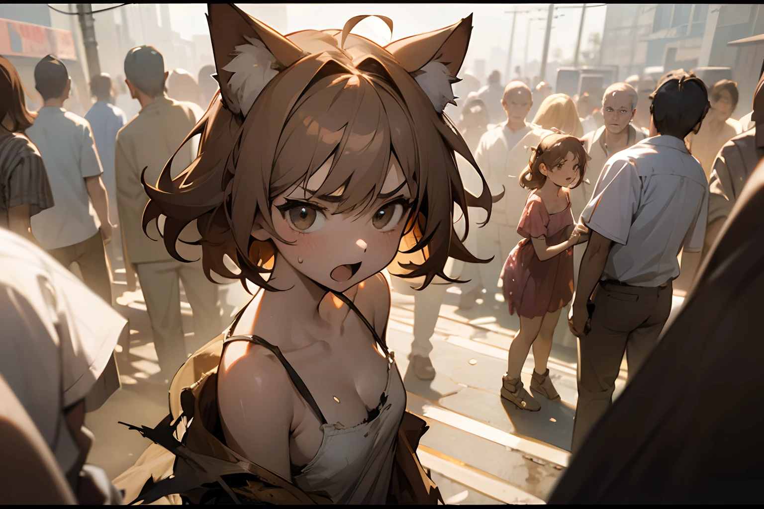 ((Masterpiece)), 8K,from side, wide-shot, portrait, cinematic lighting, very messy hair,(Looking up in the middle of a crowd, hot summer days), (slightly exposed nipples, tattered and torn dirty oversized white-camisole, Slender small breasts, open mouth, seriousface), slum townscape, Textured skin, cat ears, pale brown hair, Cute Beautiful girl