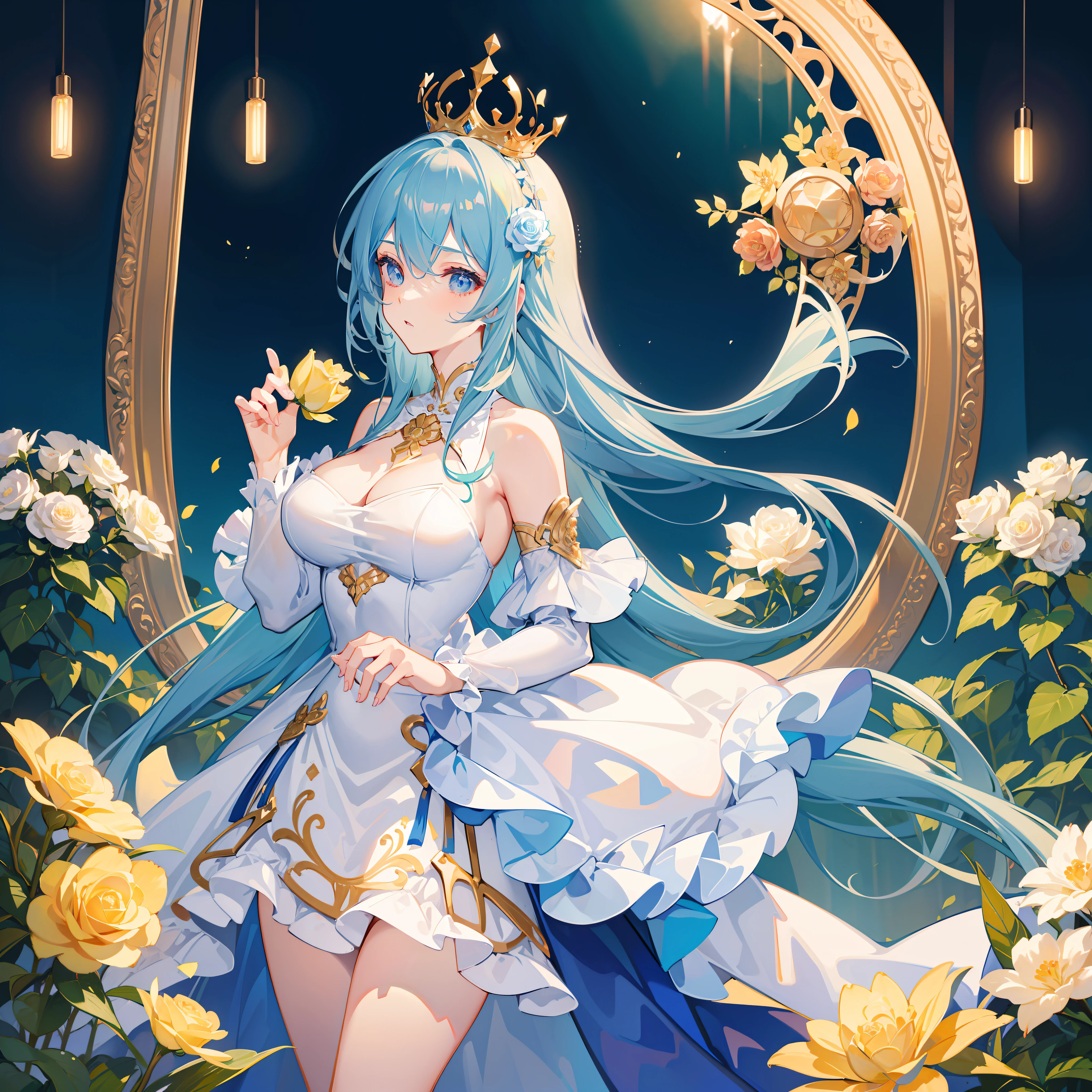 masterpiece, best quality, 8k resolution, sharp focus, intricate detail, This photo shows a beautiful illustration of a girl who looks like a princess. She has long blue hair and a white and gold dress. She is standing in front of a large mirror that reflects the starry night sky. She is holding a pink rose in her hand and wearing a crown of roses on her head. She seems to be dreaming of something or someone.