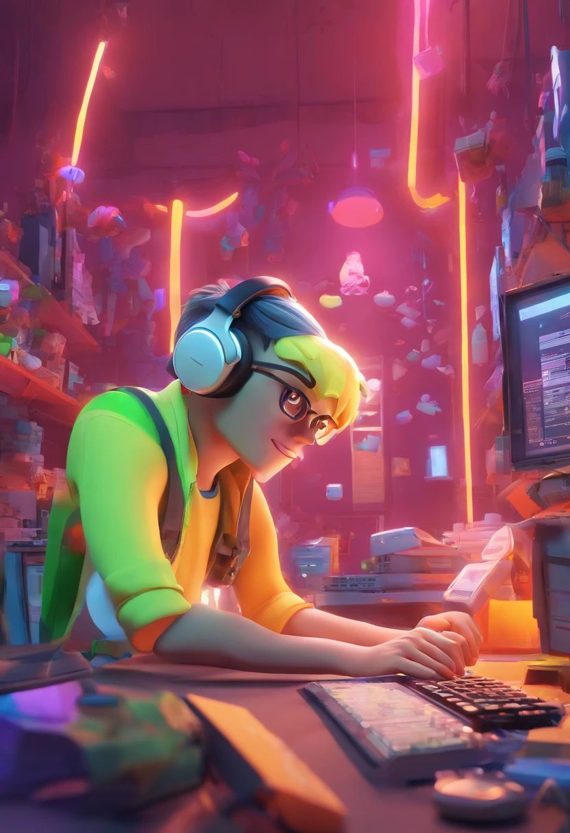 In a neon-lit open space, a 32-year-old dark-haired man with a Robert Smith haircut and a goatee, he wears a white t-shirt, works in front of a computer with a headset on his head. Around him, dozens of people are doing the same thing, creating an atmosphere reminiscent of a call center. The characters and setting are meticulously designed in the Disney Pixar Dreamworks 3D style, immersing the scene in an animated film atmosphere reminiscent of Disney and Pixar.