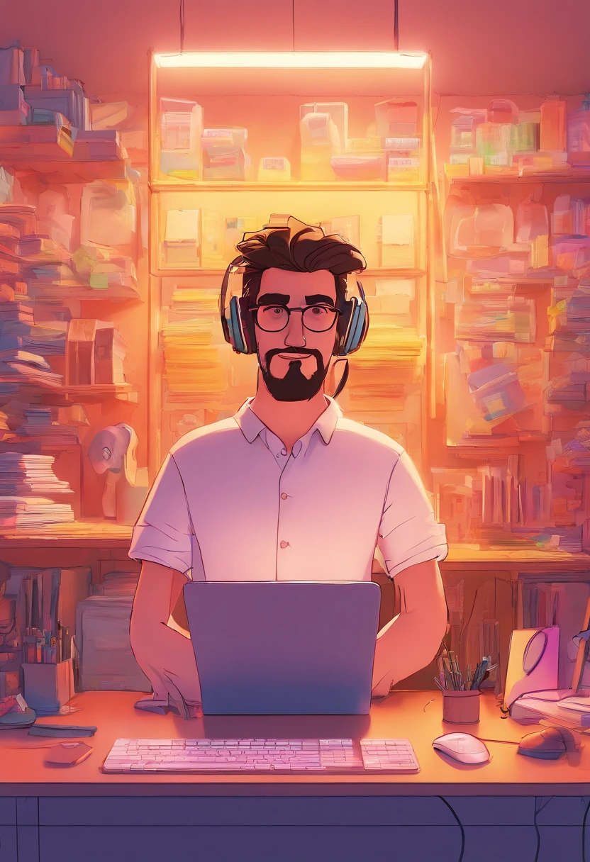 In a neon-lit open space, a 32-year-old dark-haired man with a Robert Smith haircut and a goatee, he wears a white t-shirt, works in front of a computer with a headset on his head. Around him, dozens of people are doing the same thing, creating an atmosphere reminiscent of a call center. The characters and setting are meticulously designed in the Disney Pixar Dreamworks 3D style, immersing the scene in an animated film atmosphere reminiscent of Disney and Pixar.
