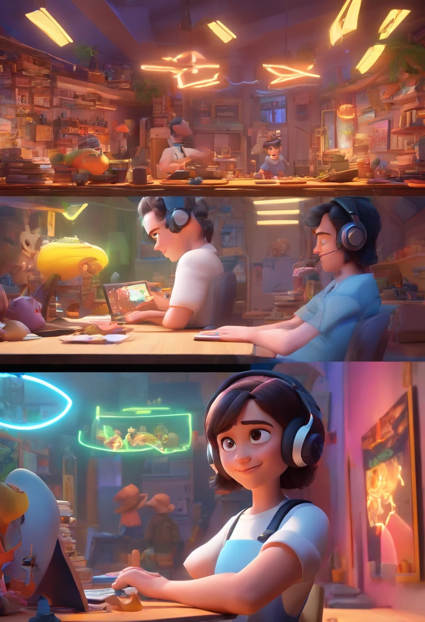 In a neon-lit open space, a 32-year-old dark-haired man with a Robert Smith haircut and a goatee, he wears a white t-shirt, works in front of a computer with a headset on his head. Around him, dozens of people are doing the same thing, creating an atmosphere reminiscent of a call center. The characters and setting are meticulously designed in the Disney Pixar Dreamworks 3D style, immersing the scene in an animated film atmosphere reminiscent of Disney and Pixar.