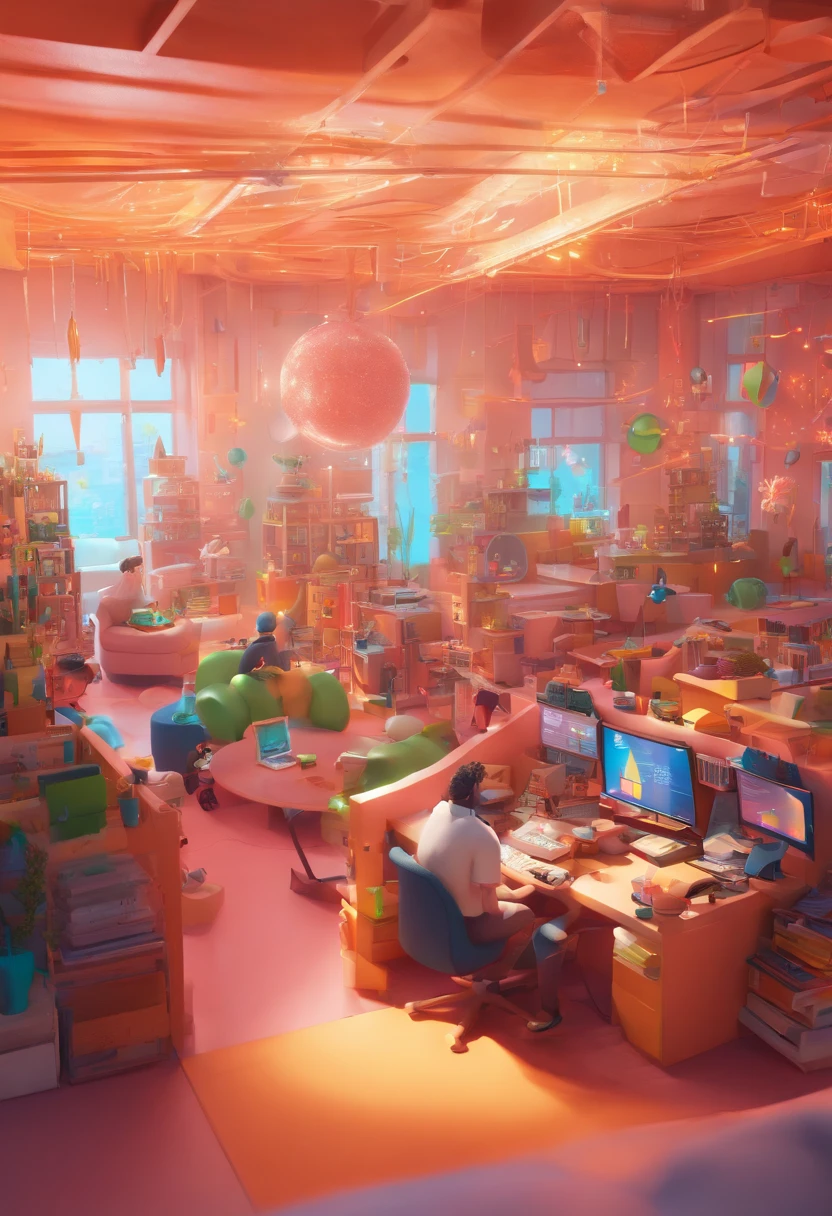 In a neon-lit open space, a 32-year-old dark-haired man with a Robert Smith haircut and a goatee, he wears a white t-shirt, works in front of a computer with a headset on his head. Around him, dozens of people are doing the same thing, creating an atmosphere reminiscent of a call center. The characters and setting are meticulously designed in the Disney Pixar Dreamworks 3D style, immersing the scene in an animated film atmosphere reminiscent of Disney and Pixar.
