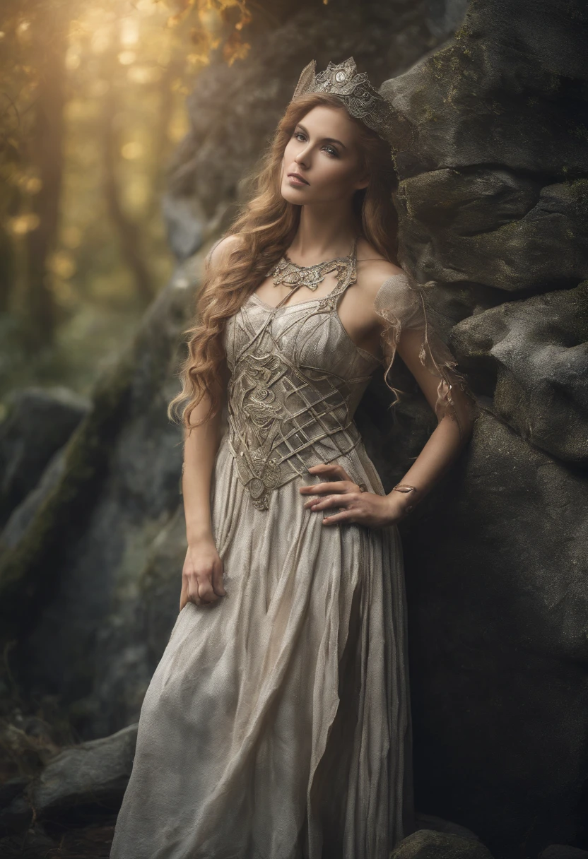 Celtic Warrior Woman, Stone Ruins, Tall and Slender, Flowing Dress with Celtic Knot Jewelry, Procreate, Watercolor Technique, Poster Design, 300 DPI, Soft Lighting, Ethereal Art, Mysterious, Serene Expression, Enchanting Atmosphere, bokeh, photo, 8k, dark, dynamic action, pale washed out style, dreamy nostalgic, soft focus, dark vignetting, light leaks, medium photography, gloomy artistic painterly ethereal, whimsical, coarse grain photo
