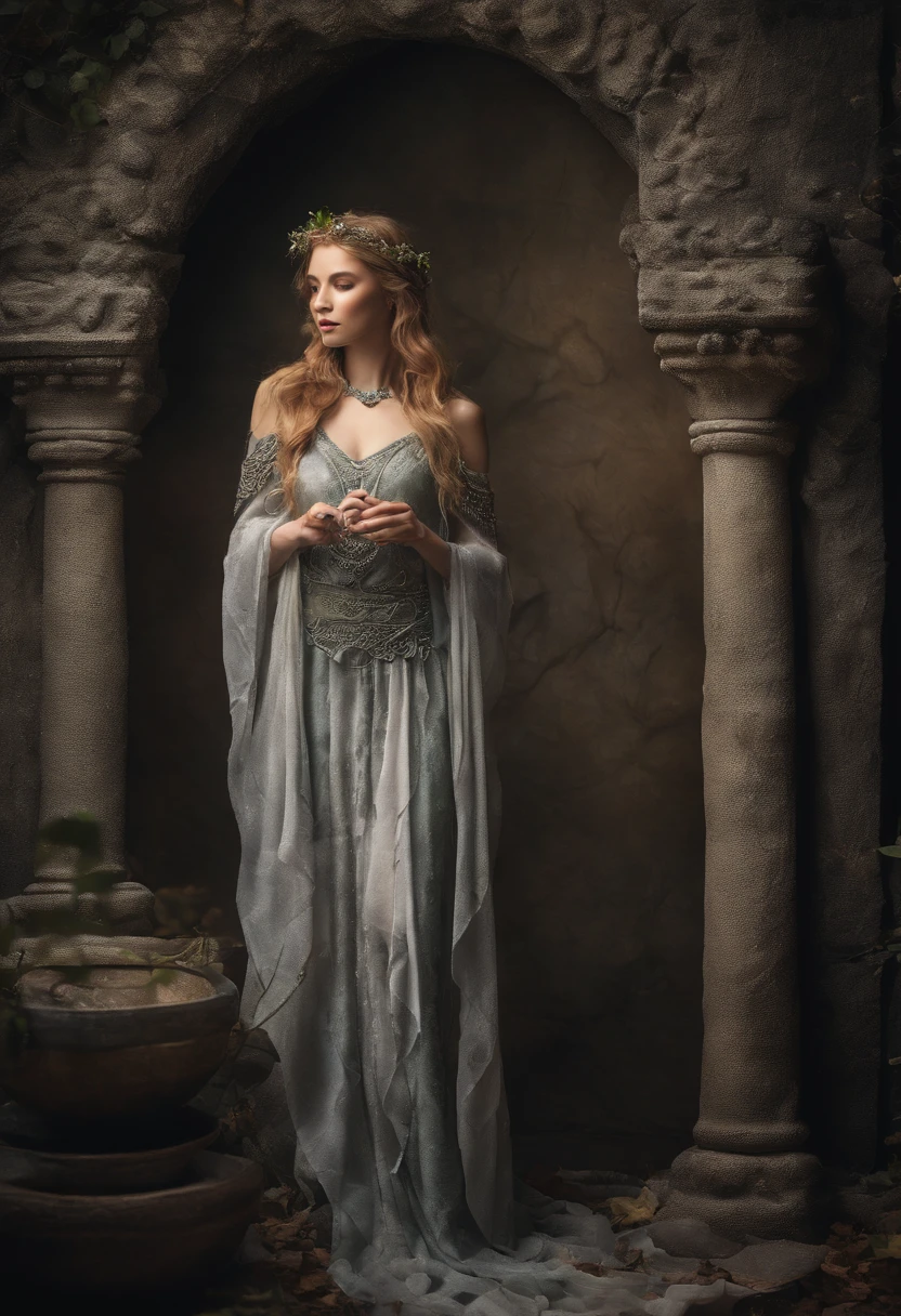 Celtic Warrior Woman, Stone Ruins, Tall and Slender, Flowing Dress with Celtic Knot Jewelry, Procreate, Watercolor Technique, Poster Design, 300 DPI, Soft Lighting, Ethereal Art, Mysterious, Serene Expression, Enchanting Atmosphere, bokeh, photo, 8k, dark, dynamic action, pale washed out style, dreamy nostalgic, soft focus, dark vignetting, light leaks, medium photography, gloomy artistic painterly ethereal, whimsical, coarse grain photo