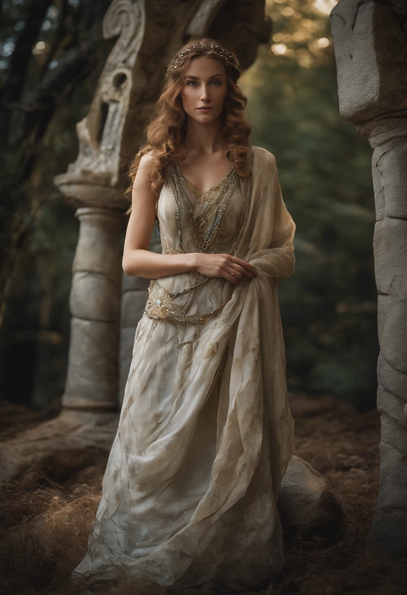 Celtic Warrior Woman, Stone Ruins, Tall and Slender, Flowing Dress with Celtic Knot Jewelry, Procreate, Watercolor Technique, Poster Design, 300 DPI, Soft Lighting, Ethereal Art, Mysterious, Serene Expression, Enchanting Atmosphere, bokeh, photo, 8k, dark, dynamic action, pale washed out style, dreamy nostalgic, soft focus, dark vignetting, light leaks, medium photography, gloomy artistic painterly ethereal, whimsical, coarse grain photo