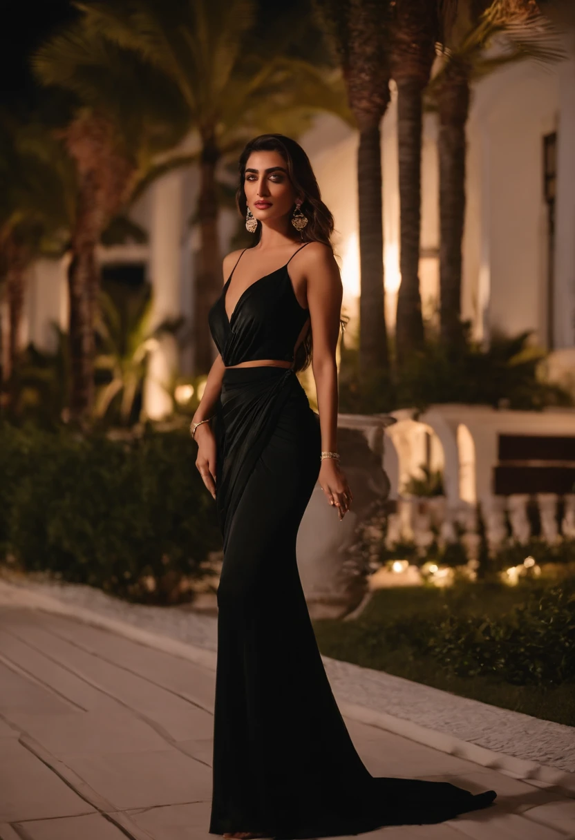 young Turkish girl at Miami ,retro vibes along with a Land cruiser 2020 at miami palace, mansion, enjoying nightscape , near palm trees , wearing khadi brand black saree , Mehwish Hayat