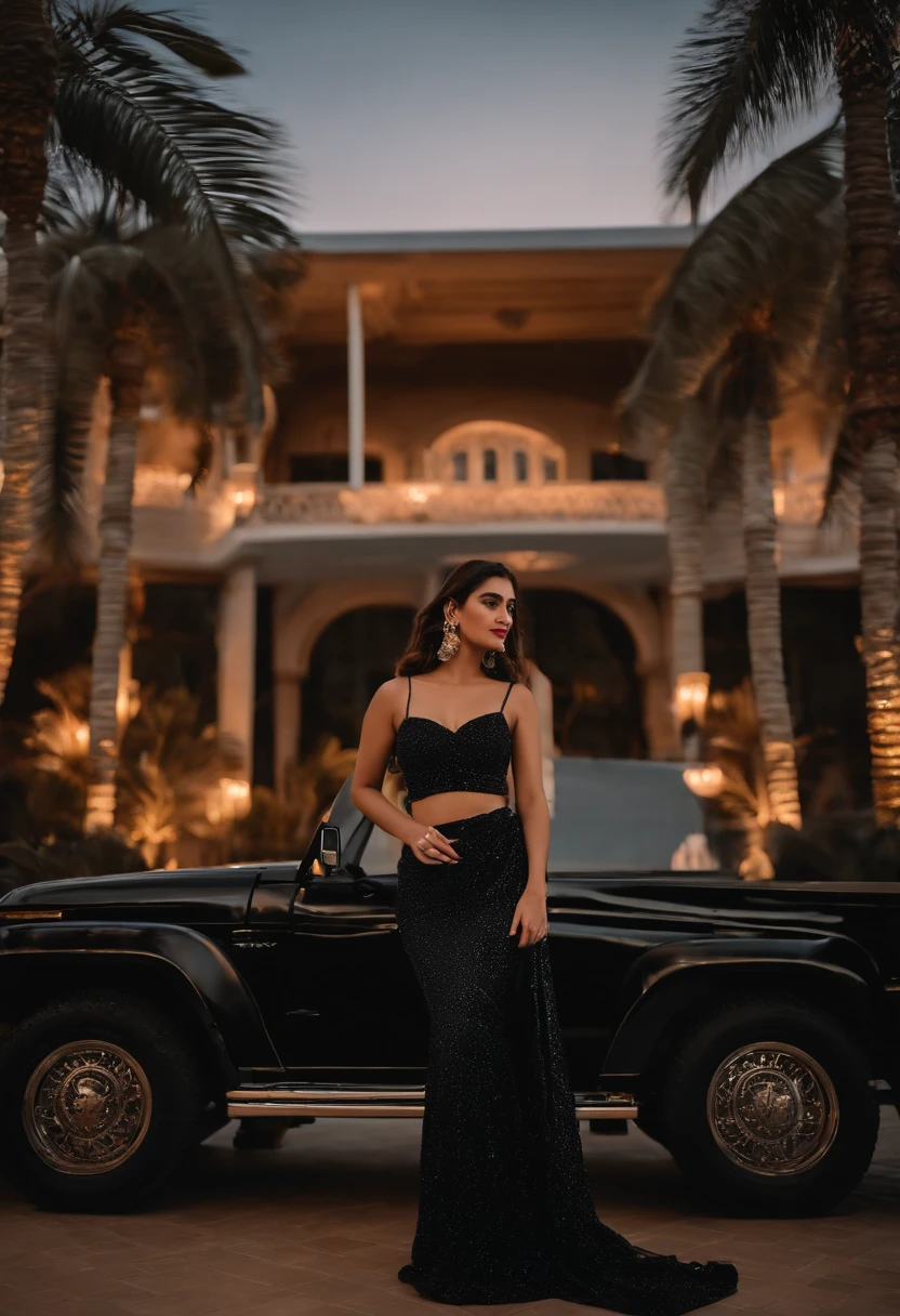 young Turkish girl at Miami ,retro vibes along with a Land cruiser 2020 at miami palace, mansion, enjoying nightscape , near palm trees , wearing khadi brand black saree , Mehwish Hayat