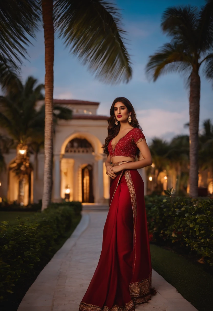 young Turkish girl at Miami ,retro vibes along with a Land cruiser 2020 at miami palace, mansion, enjoying nightscape , near palm trees , wearing khadi brand black saree , Mehwish Hayat