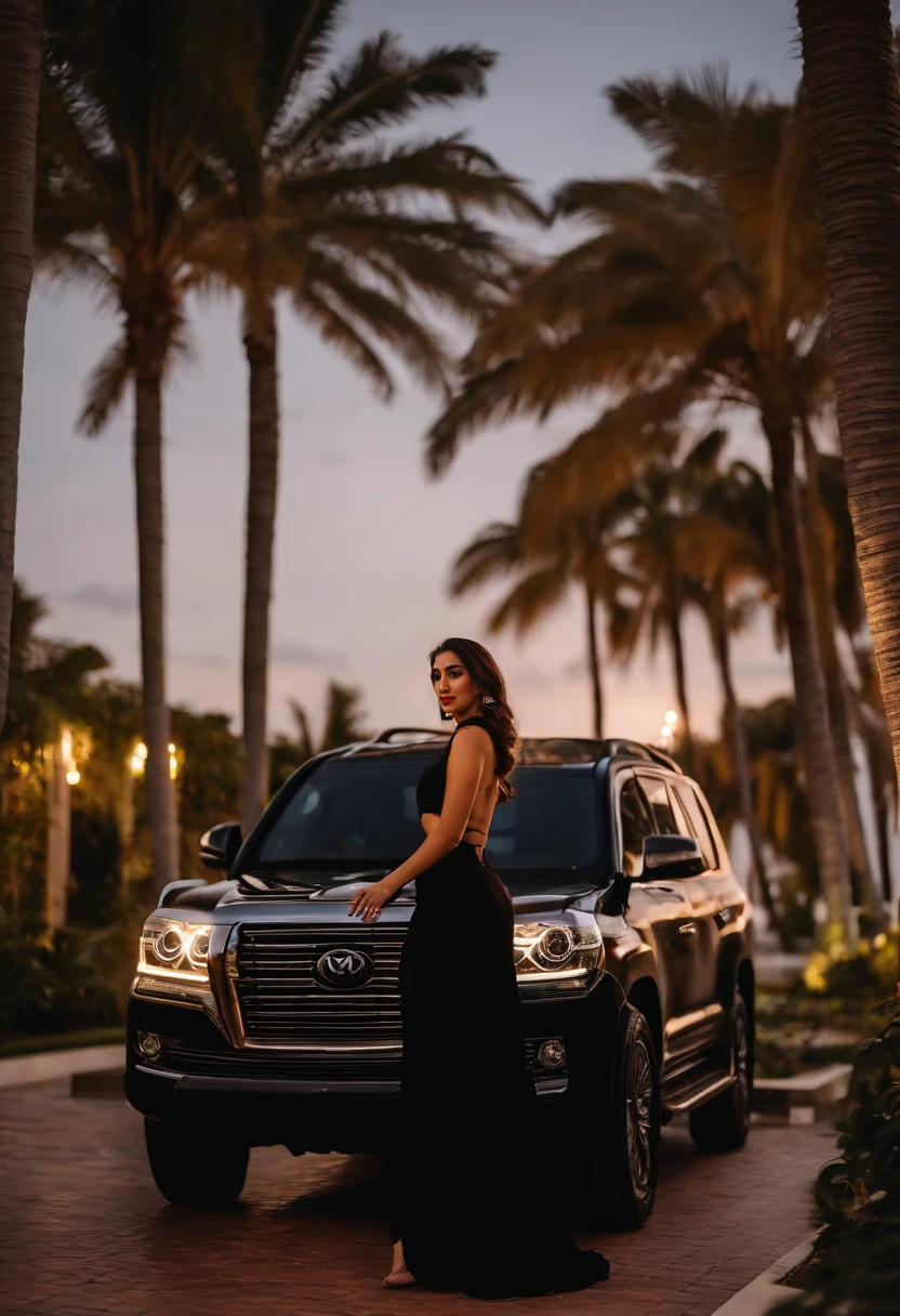 young Turkish girl at Miami ,retro vibes along with a Land cruiser 2020 at miami palace, mansion, enjoying nightscape , near palm trees , wearing khadi brand black saree , Mehwish Hayat